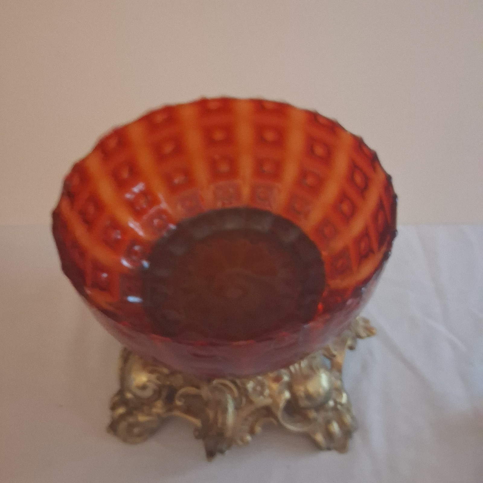 Antique Pitman Dreitzer Amber Glass Punch Bowl With Brass Stand 8″