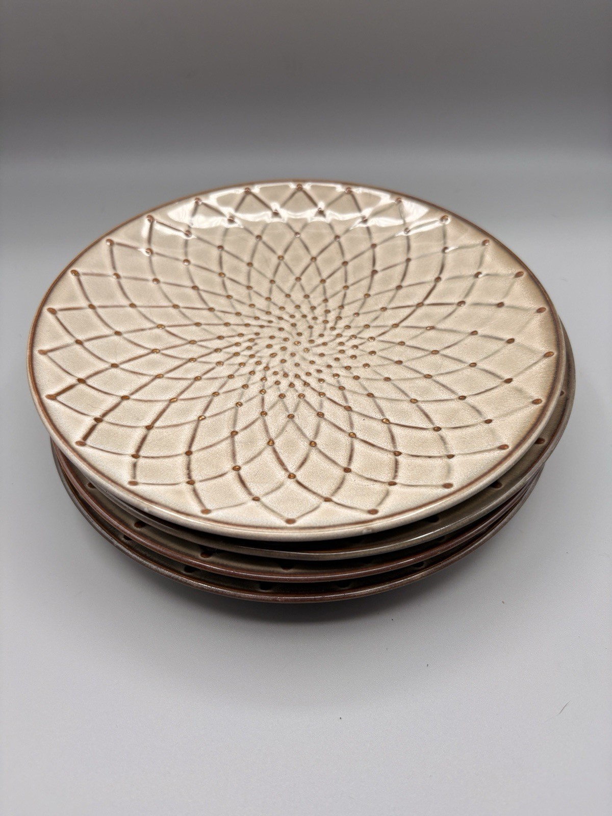 Pier 1 Stoneware Salad Plates Beige Brown Geo Embossed 8.5″ Lot Of 4