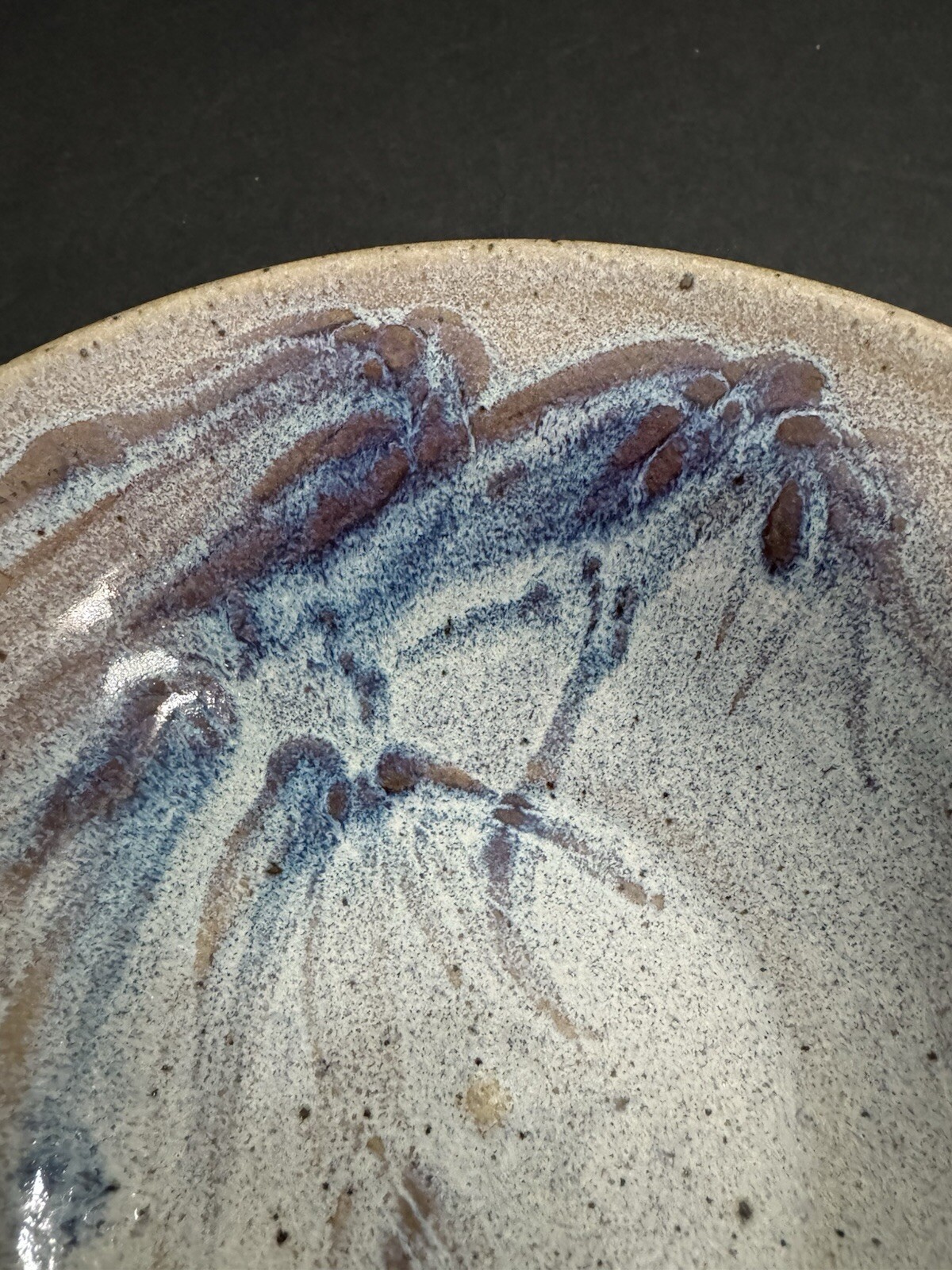 Handmade Studio Art Pottery Bowl Artist Signed 8” W 2.5” Tan Blue Purple Gray ￼