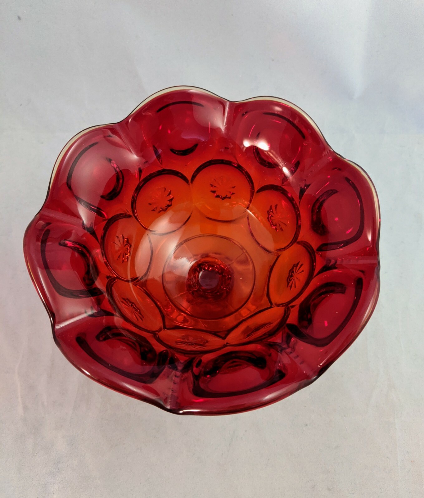 LE Smith Moon and Star Amberina Red Pedestal Glass Compote Candy Dish Vintage