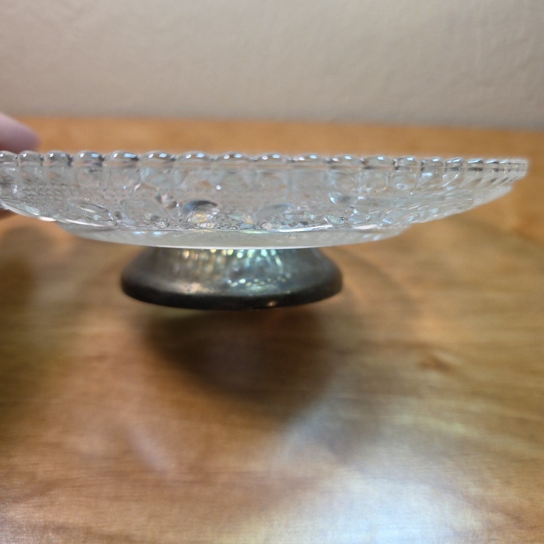 Vintage Pressed Glass Silver Plated Pedestal Server Dish Candy Nut Trinket Tray