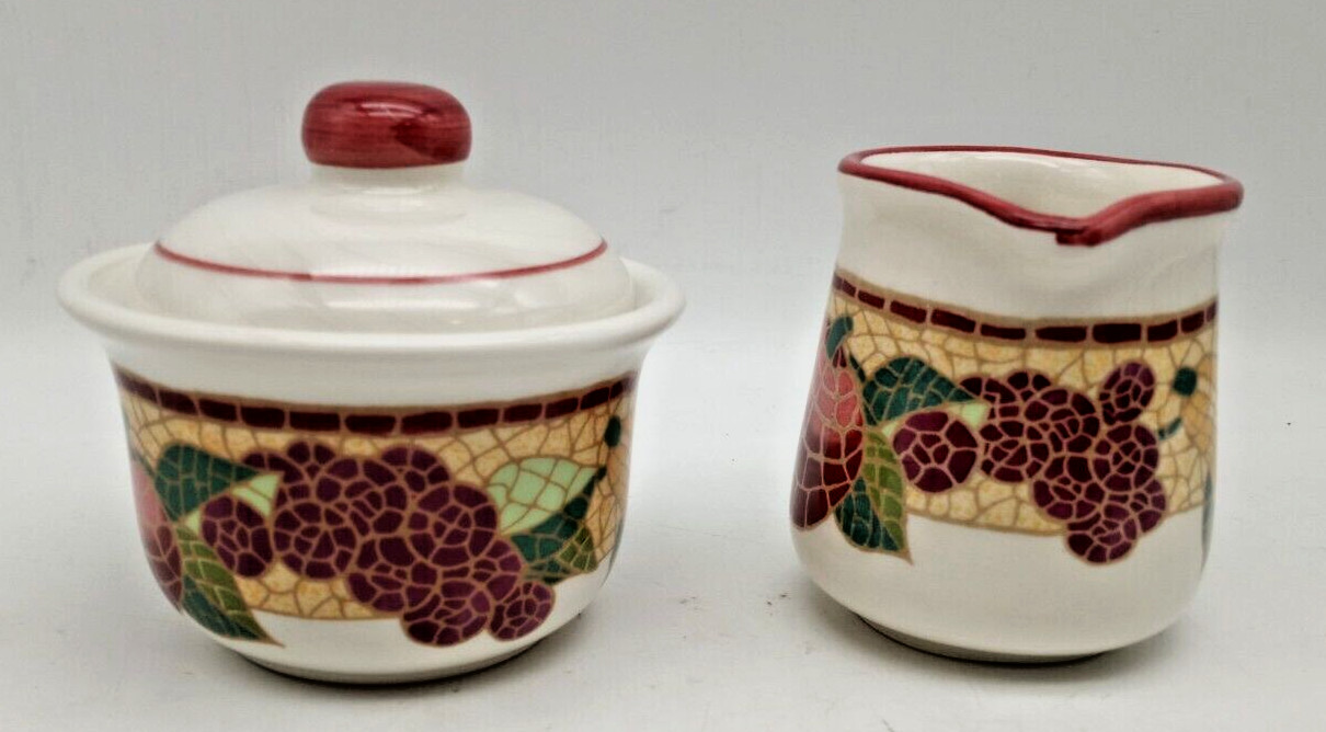 Pier 1 Set Creamer & Sugar w/Lid Mosaic Fruit Pattern Ceramic Earthenware-Italy