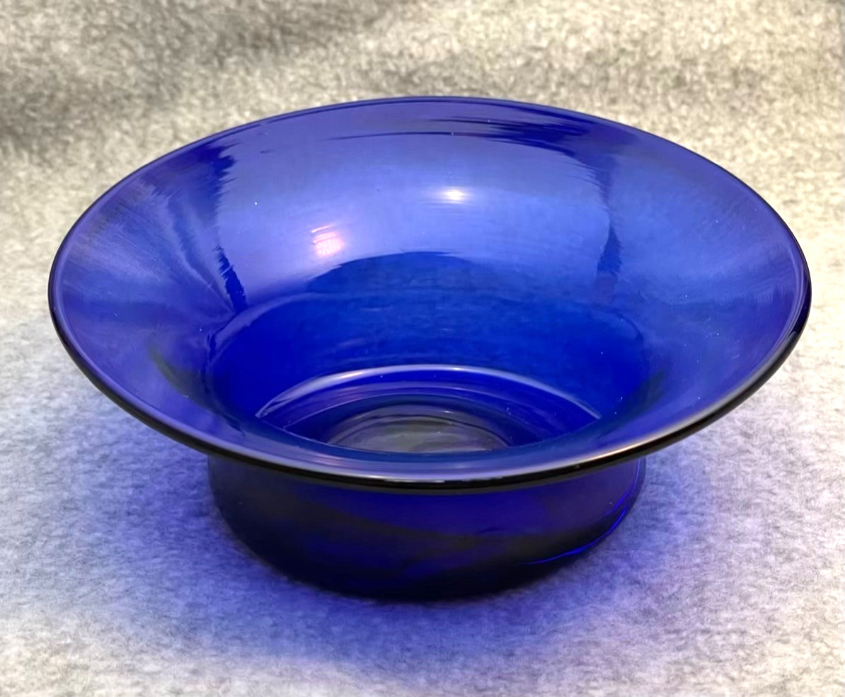 JW Shelton Cobalt Blue Glass Footed Candy Dish Bowl Asymmetrical Signed 5.5×2″