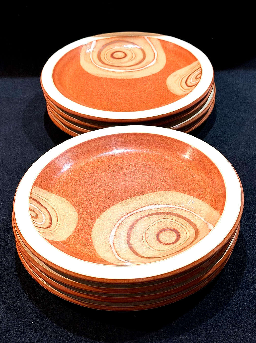 Denby Fire Chili Pattern Swirls Contemporary 8 Salad/Dessert Plates England EUC!