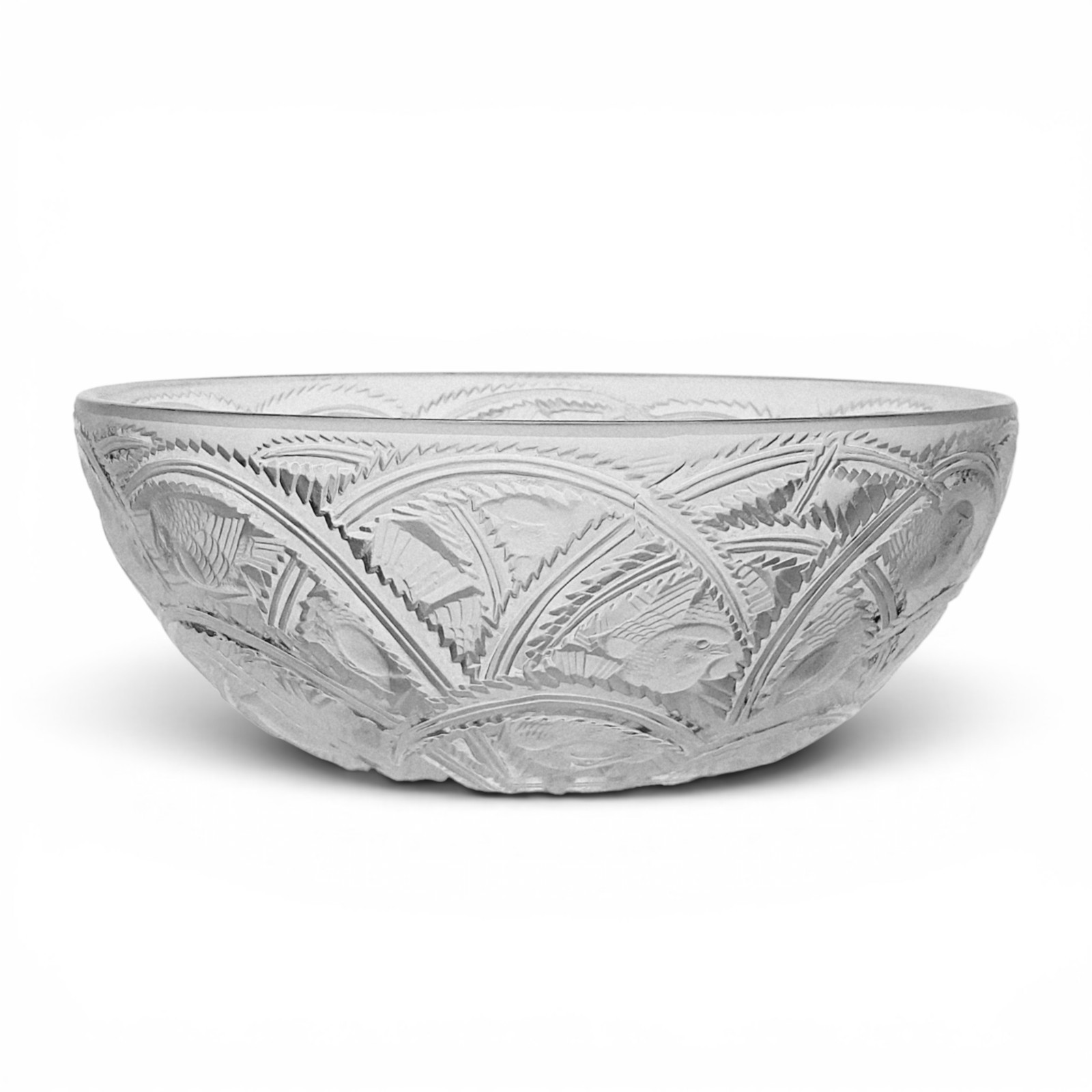 VTG Lalique France Pinsons Crystal Centerpiece Bowl Frosted Finches Signed 9.125