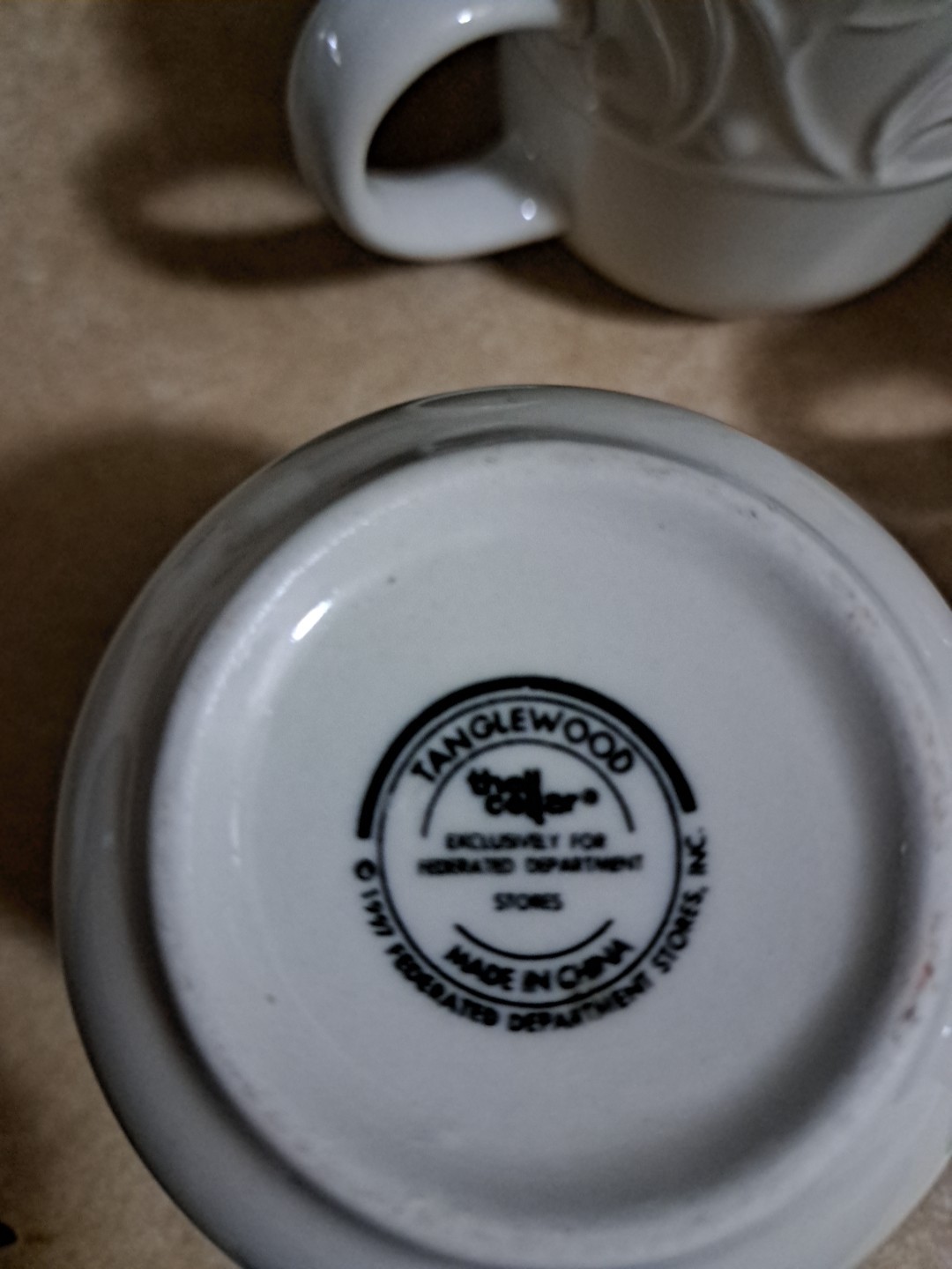 Vintage The Cellar Tanglewood 1997 White Embossed Coffee or Tea Mugs Set Of 4