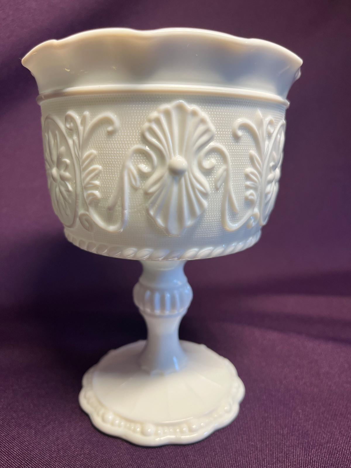 Vintage Indiana Glass Milk Glass Compote Pedestal Bowl in Harvest Grape Pattern
