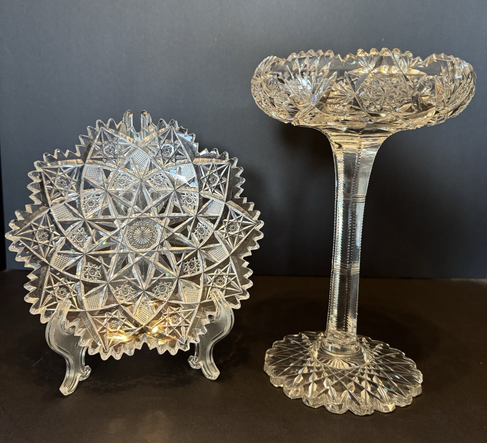 Antique American Brilliant Crystal Glass Cut Pedestal And Plate