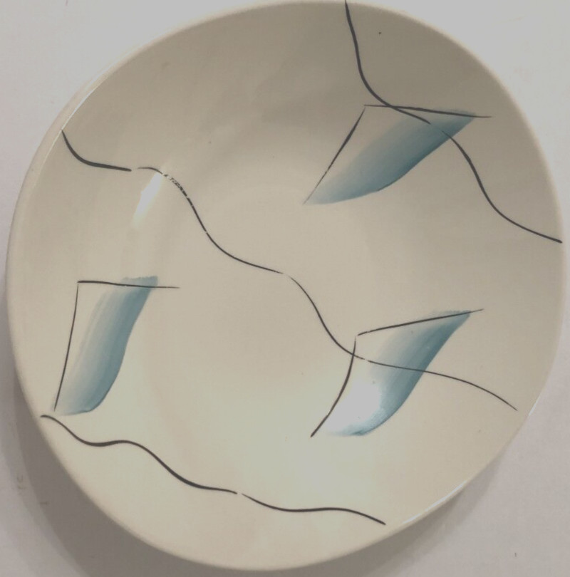 Earlton Vintage White Contemporary Cadet Blue Black Hand Painted Bowl 9.5″ x 9″