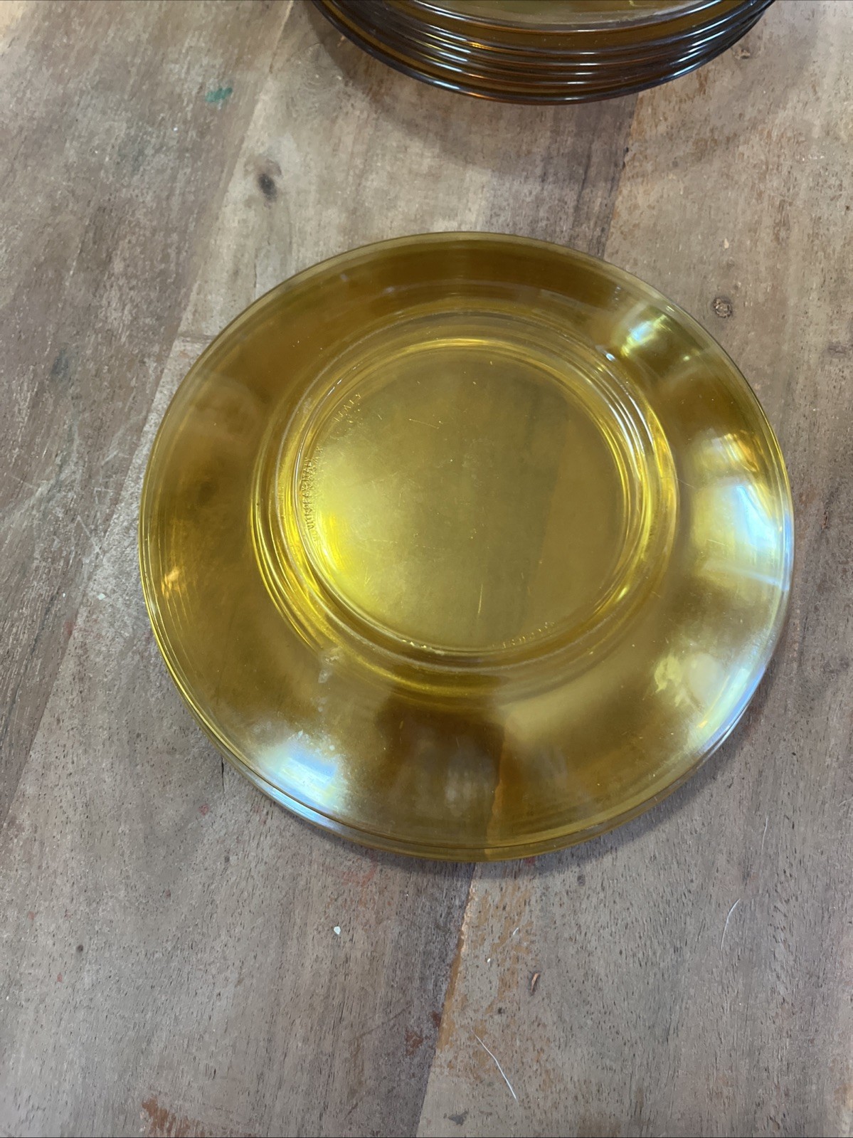 Vintage 1970’s Vitrosax Italy Amber Glass 7.25” Dinner Plates Set of 10