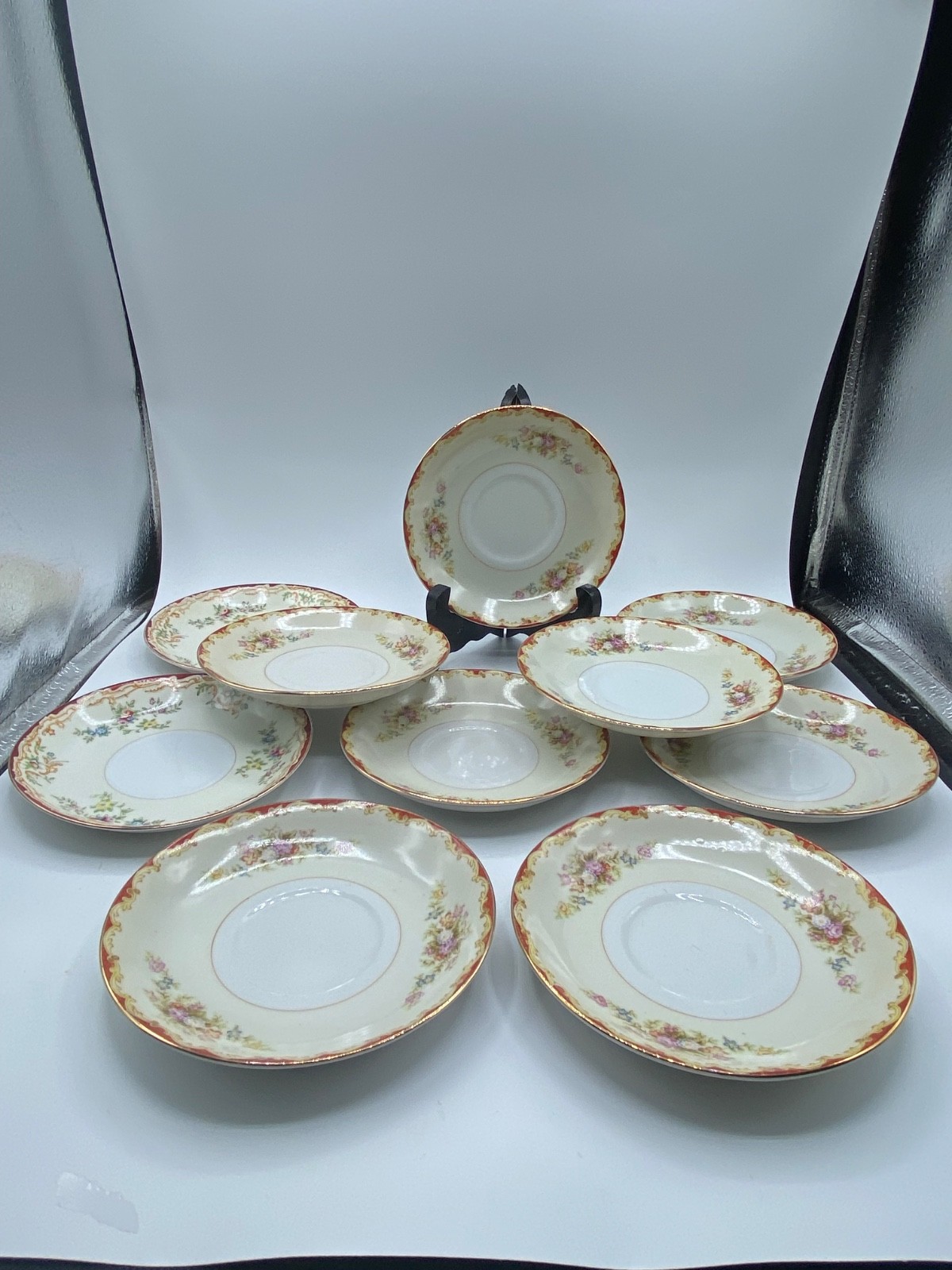 1940’s Set of 10 Saucers Red Traditional Jyoto China made in Occupied Japan 5.5″
