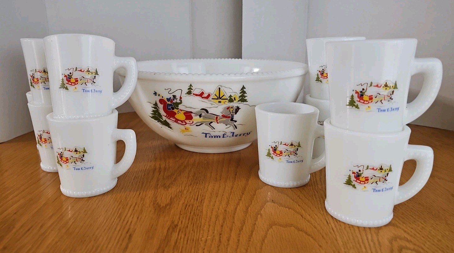 Vintage Tom & Jerry Milk Glass Beaded Punch Bowl & 11 Cups Sleigh Horses