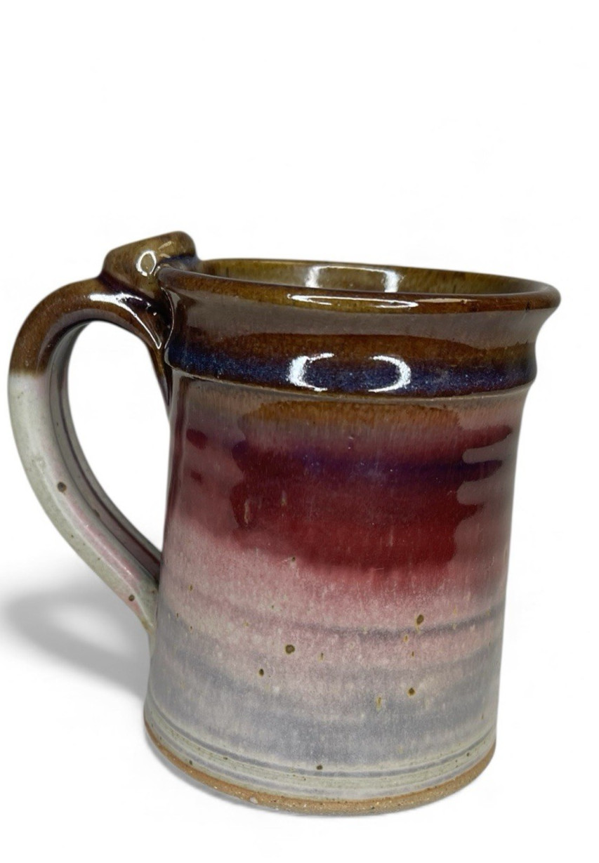 Nichols Pottery Stoneware Mug Variegated Drip Glaze Red Ivory Brown Thumb Rest