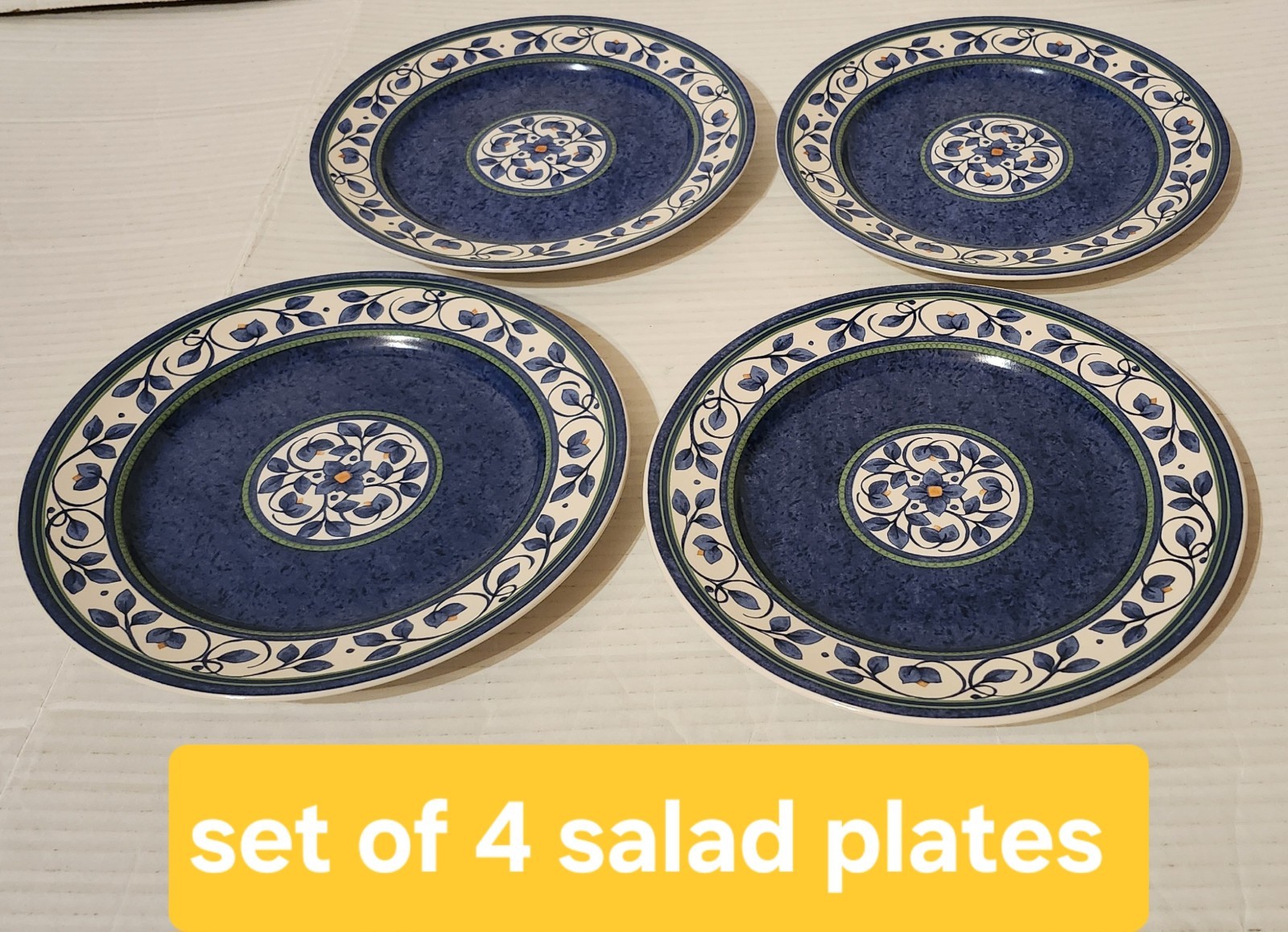 Pfaltzgraff Orleans 7 7/8″ Salad Plates Set Of 4 Blue Buds Bands Thailand