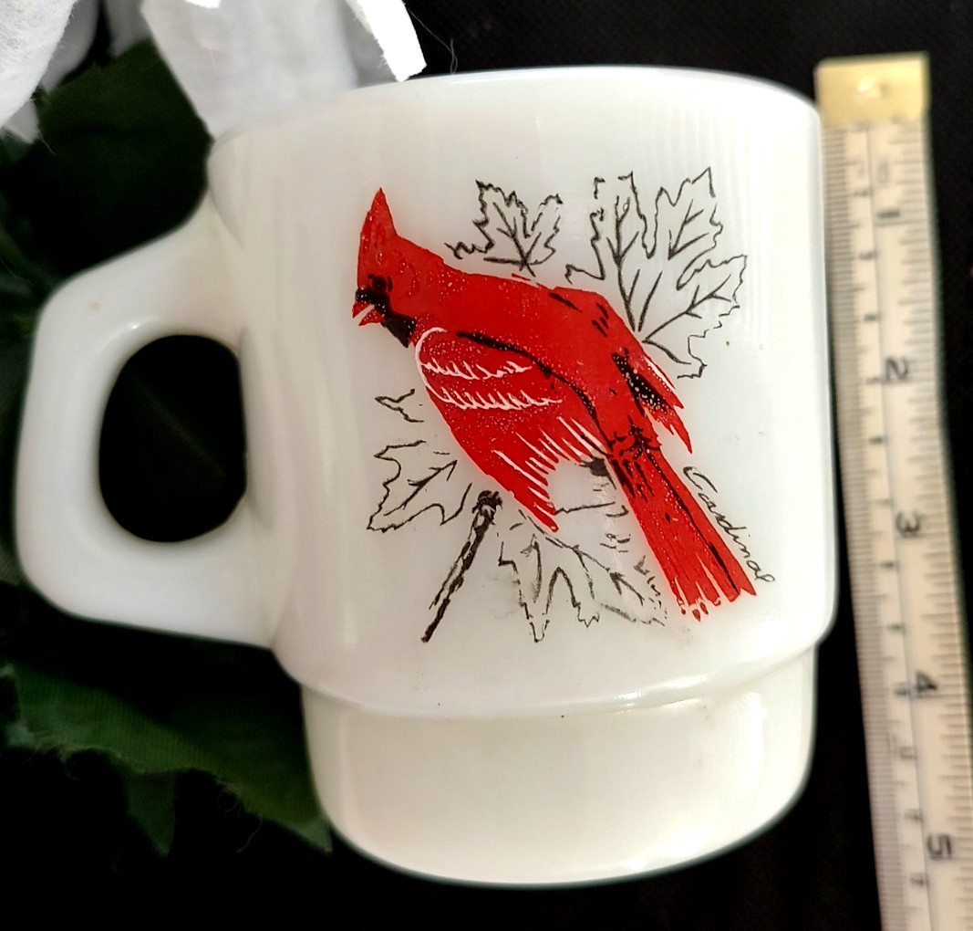 Cardimal Birds Fire King Mug EASTER Anchor Hocking Milk Glass Vtg Coffee Tea Cup