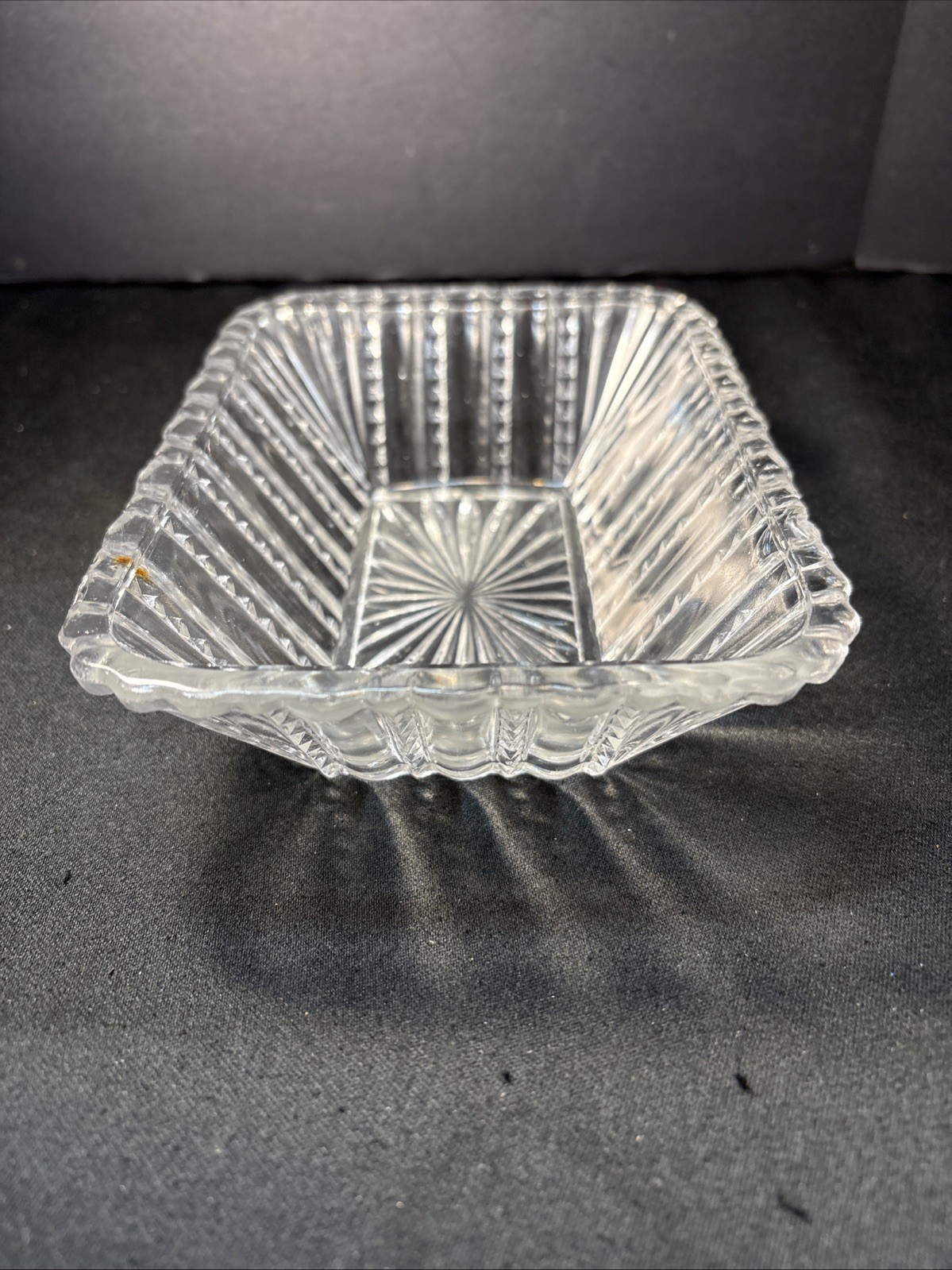 Antique Early 1900’S Pressed Glass Candy Dish Sunburst Clear 7”X5”Rectangular