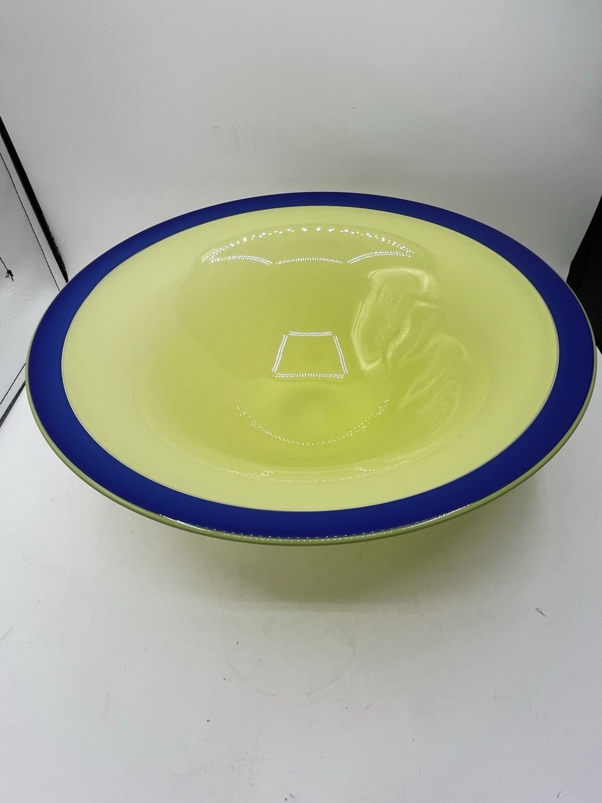 Erik Eiserling 1997 SEA Glasbruk Yellow Lime Art Glass Bowl With Cobalt Blue Rim