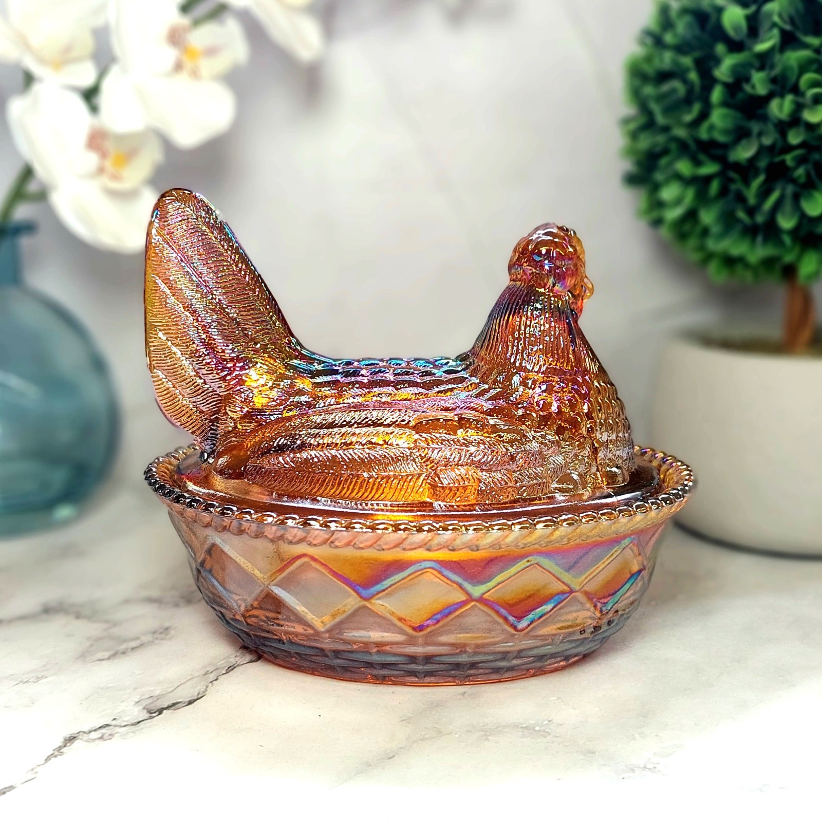 Golden Amber Carnival Glass Hen on Nest Chicken Candy Dish, Depression Style