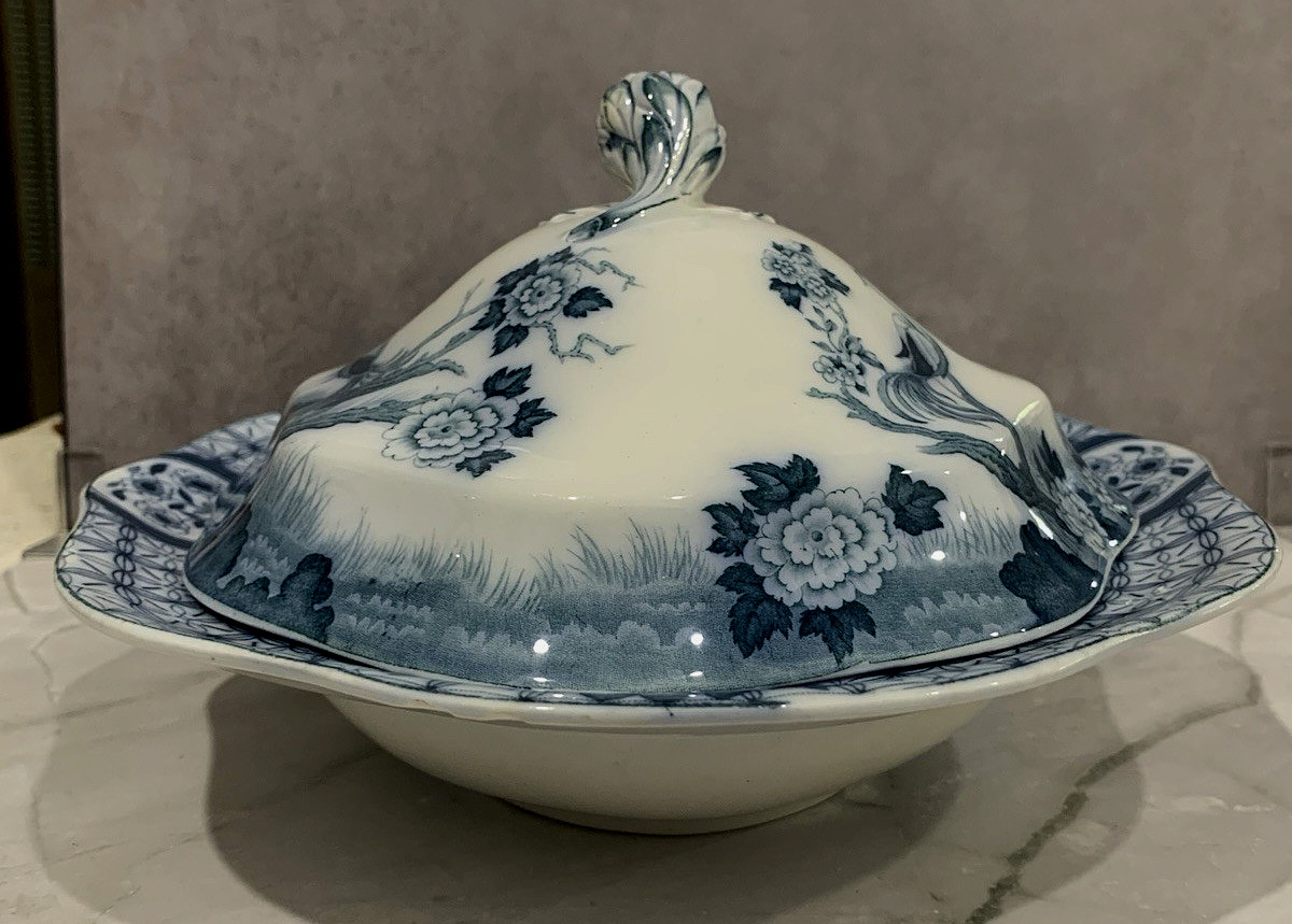 Antique Johnson Bros MONGOLIA Gray Blue Transferware Oval Covered Serving Bowl