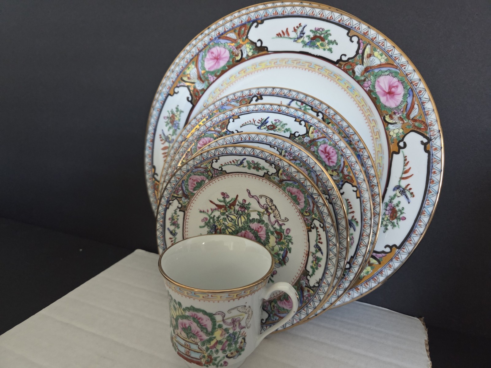 Rose Canton By Famille Rose Birds And Butterflies 6 Pc. Place Setting Gold…
