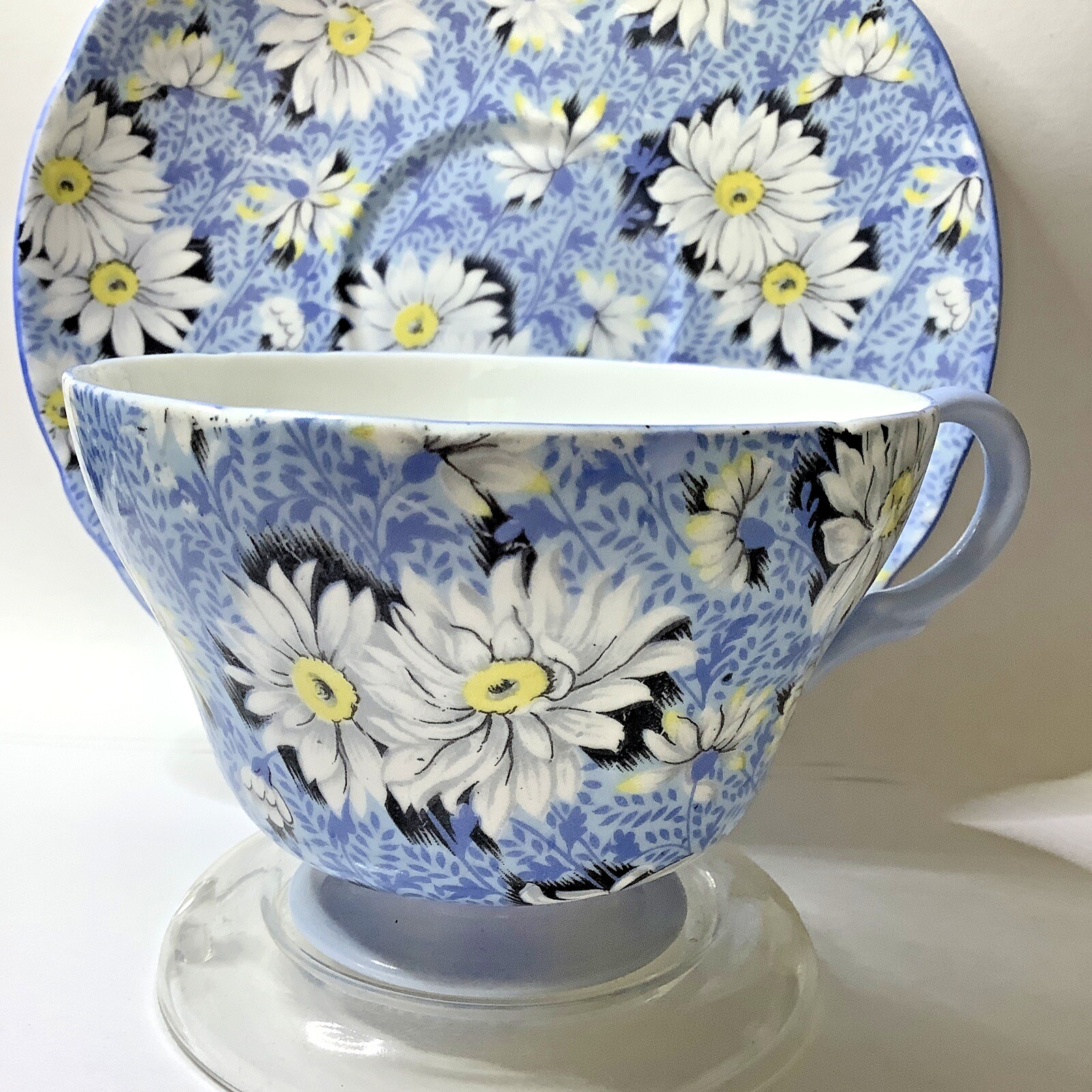 Vintage Shelley Bone China Blue Daisy Tea Cup and Saucer Chintz Daisies