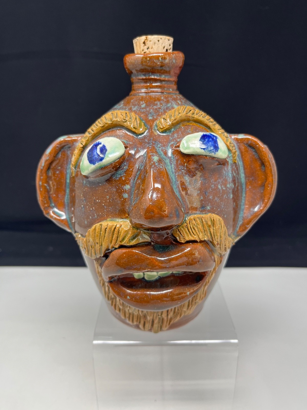VINTAGE ALBERT HODGES VALE NORTH CAROLINA FACE JUG BROWN WITH TURQUOISE SPECKLES