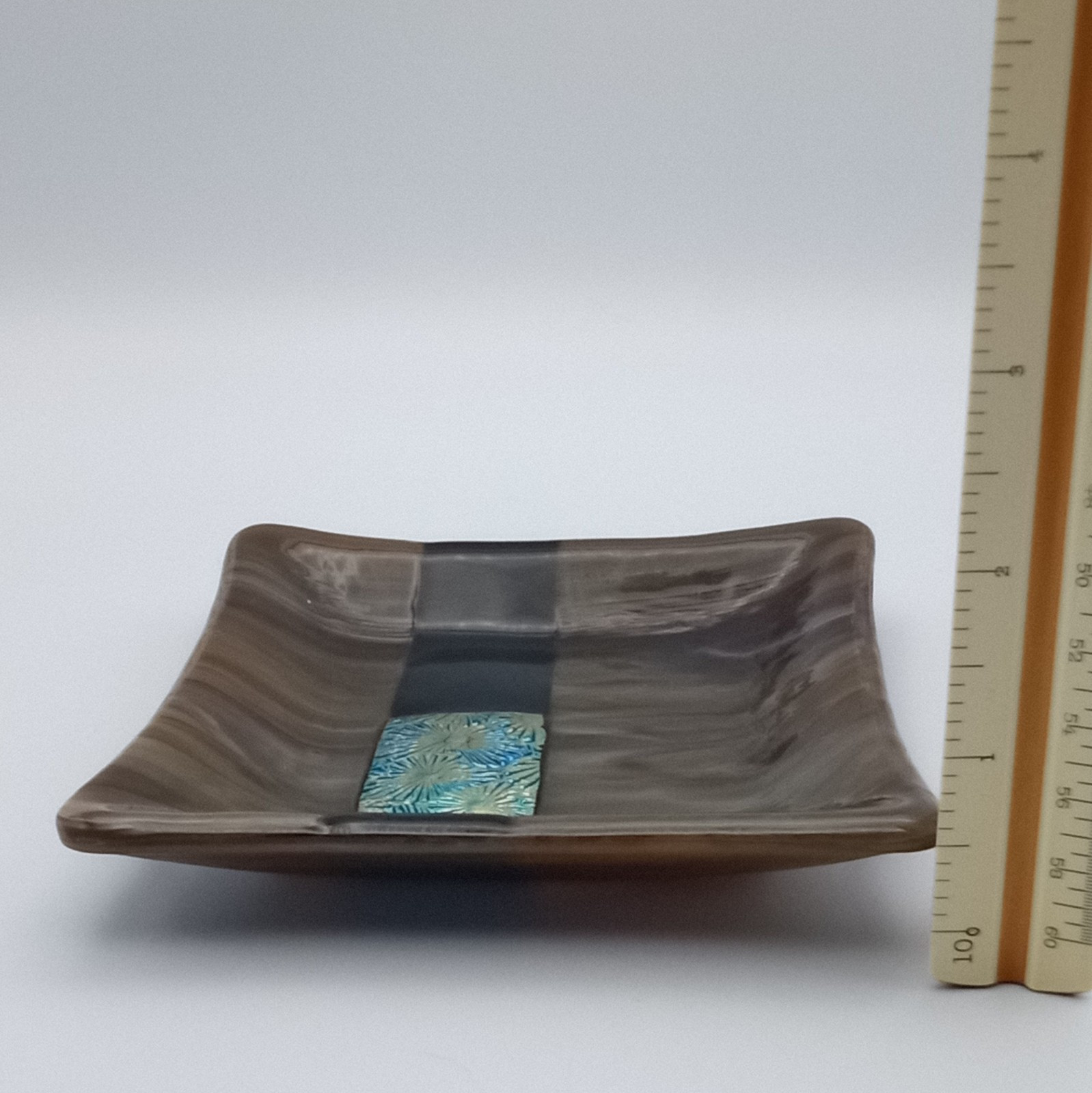 Dichroic Fused Glass Square Trinket Dish Brown Black Copper Abstract Signed