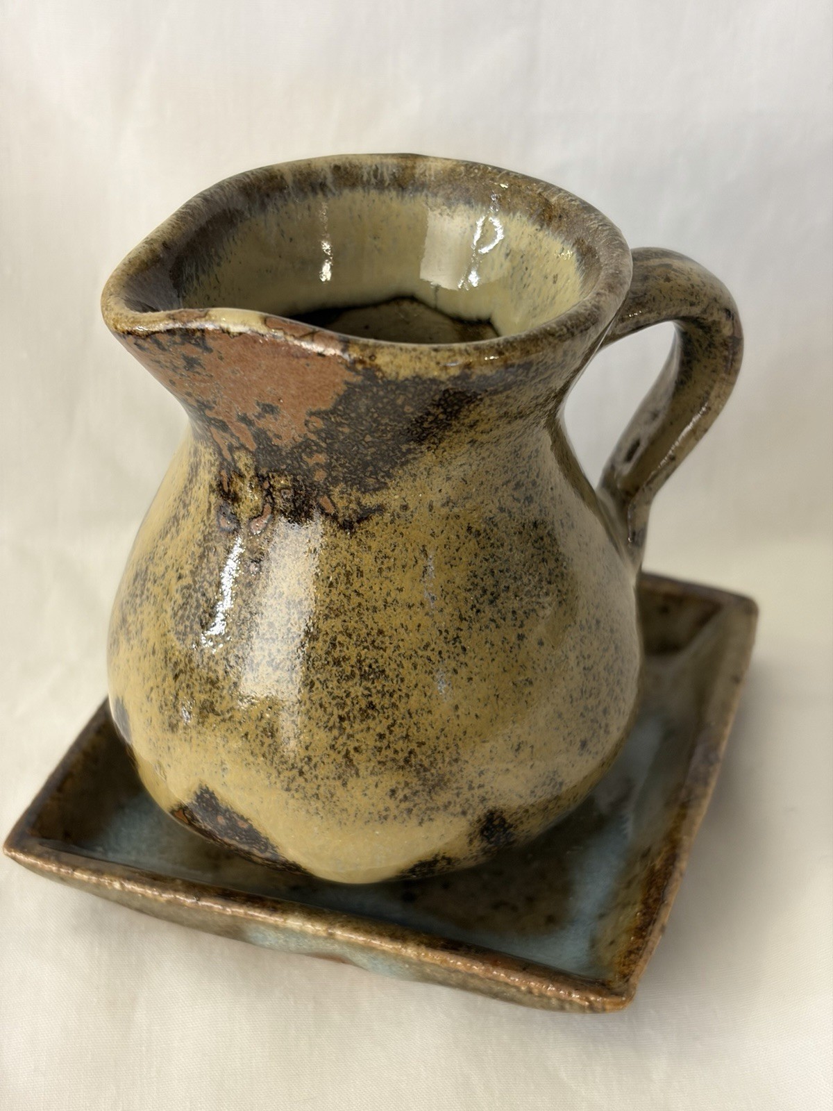 Small Vintage Pottery Creamer Pitcher & Saucer Green & Brown Set