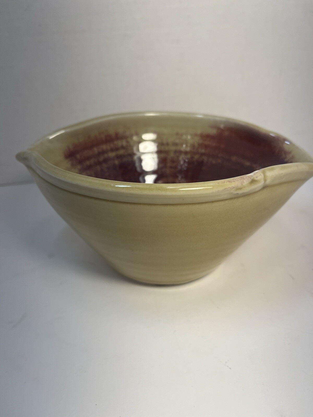 Handmade Asymmetrical Pottery Bowl Glaze Beige Red Signed 7.5 X 3.5 in.