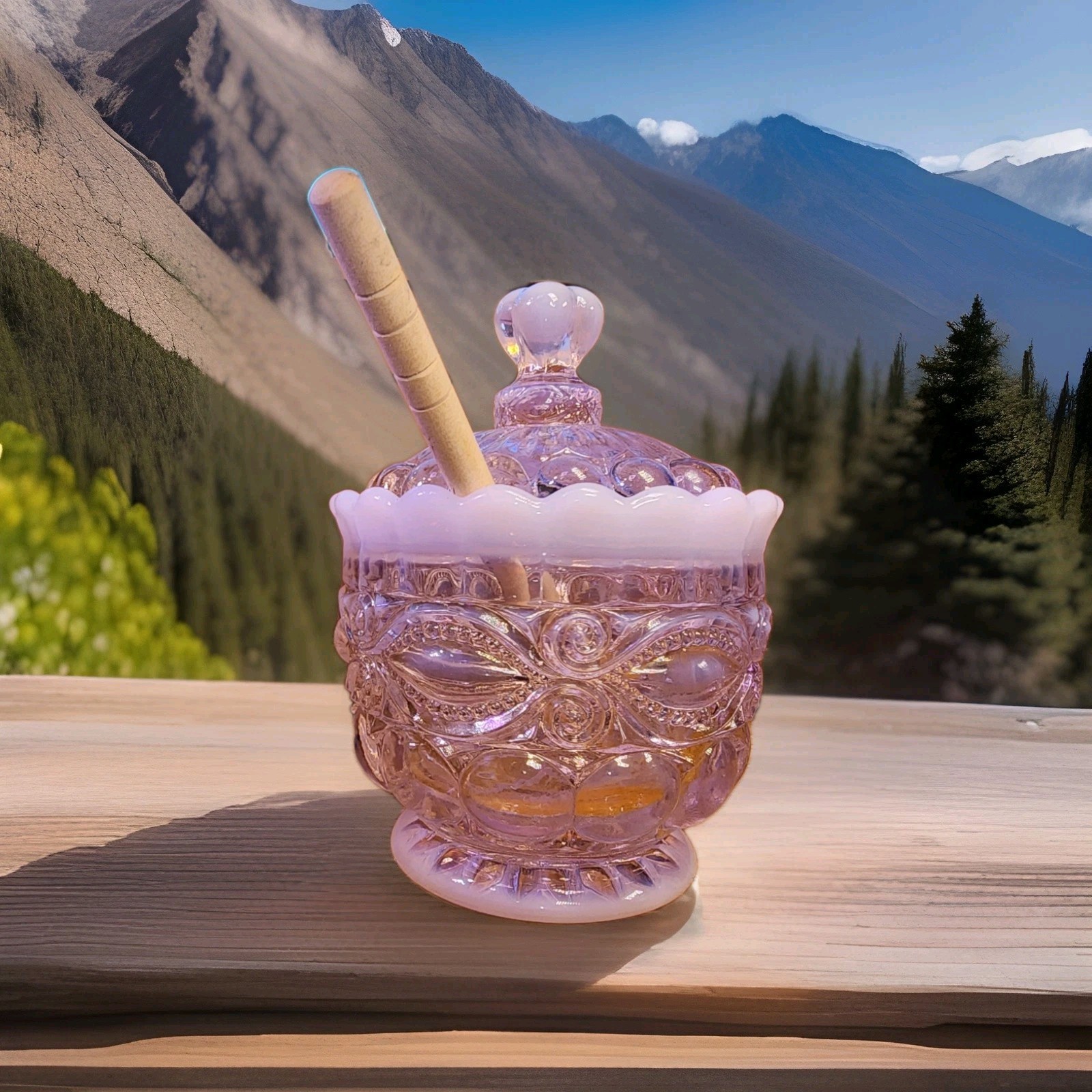 Mosser Eye Winker Pink Opalescent Honey Jar & Dipper Ohio USA Gift Sugar