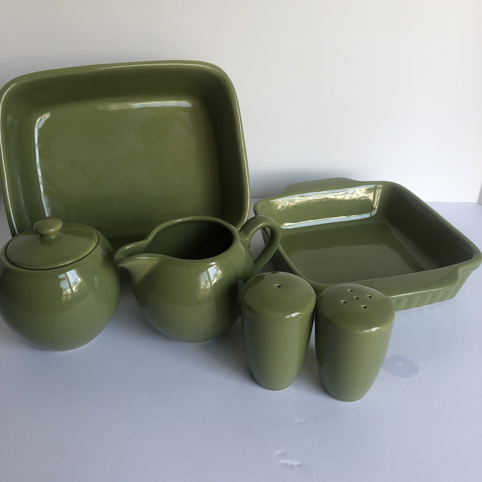 Royal Norfolk Olive Green Ceramic Dish Serving Set 7 Pieces Look New