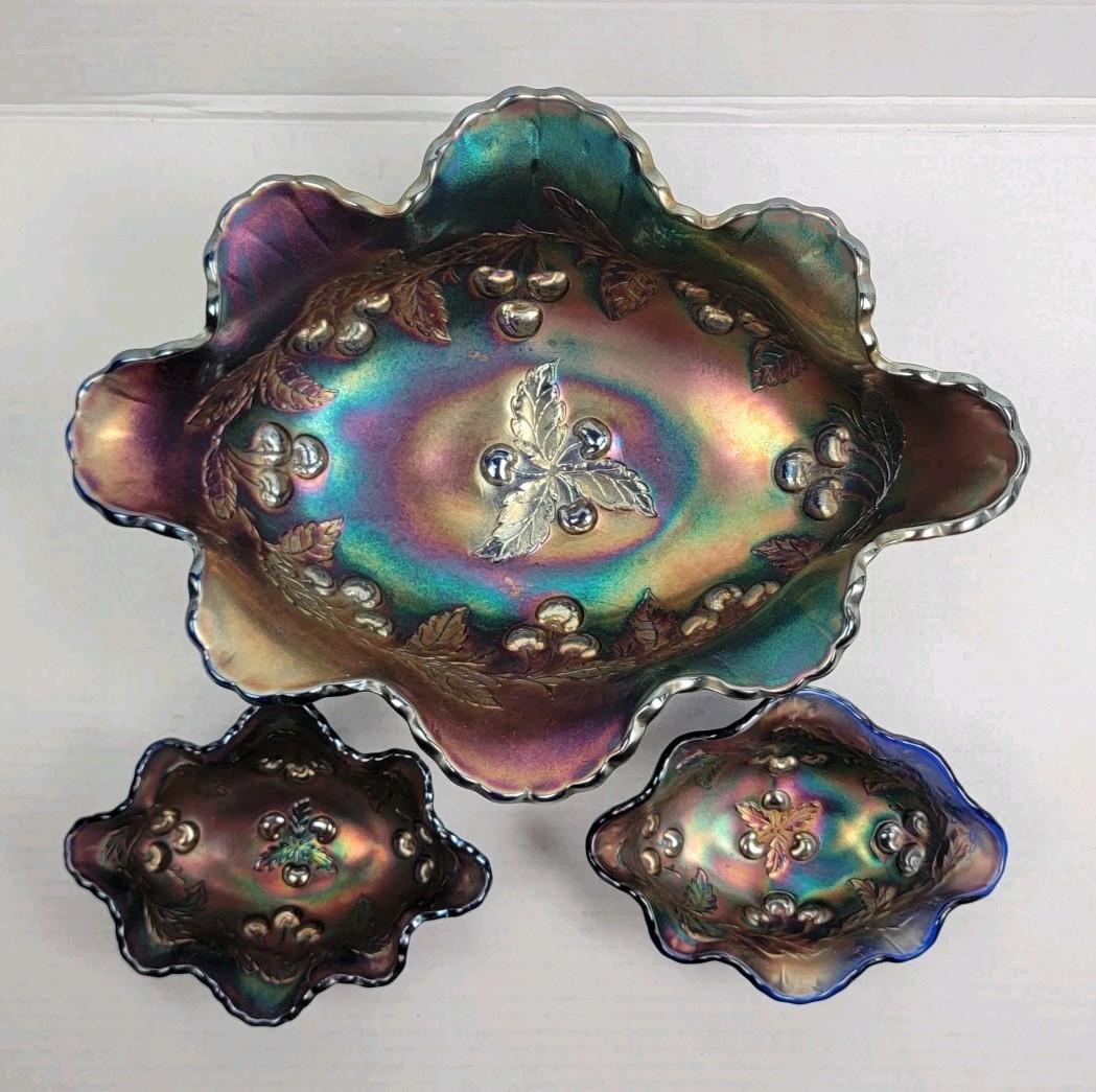 Carnival Glass Dugan WREATHED CHERRY Amethyst Oval Bowl Purple Ruffled Lot Of 3