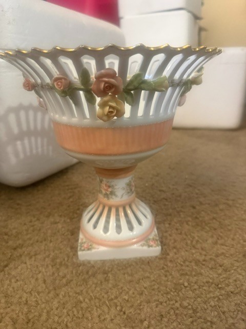 Dresden Style Porcelain Reticulated Pedestal Bowl W/ Encrusted Flowers