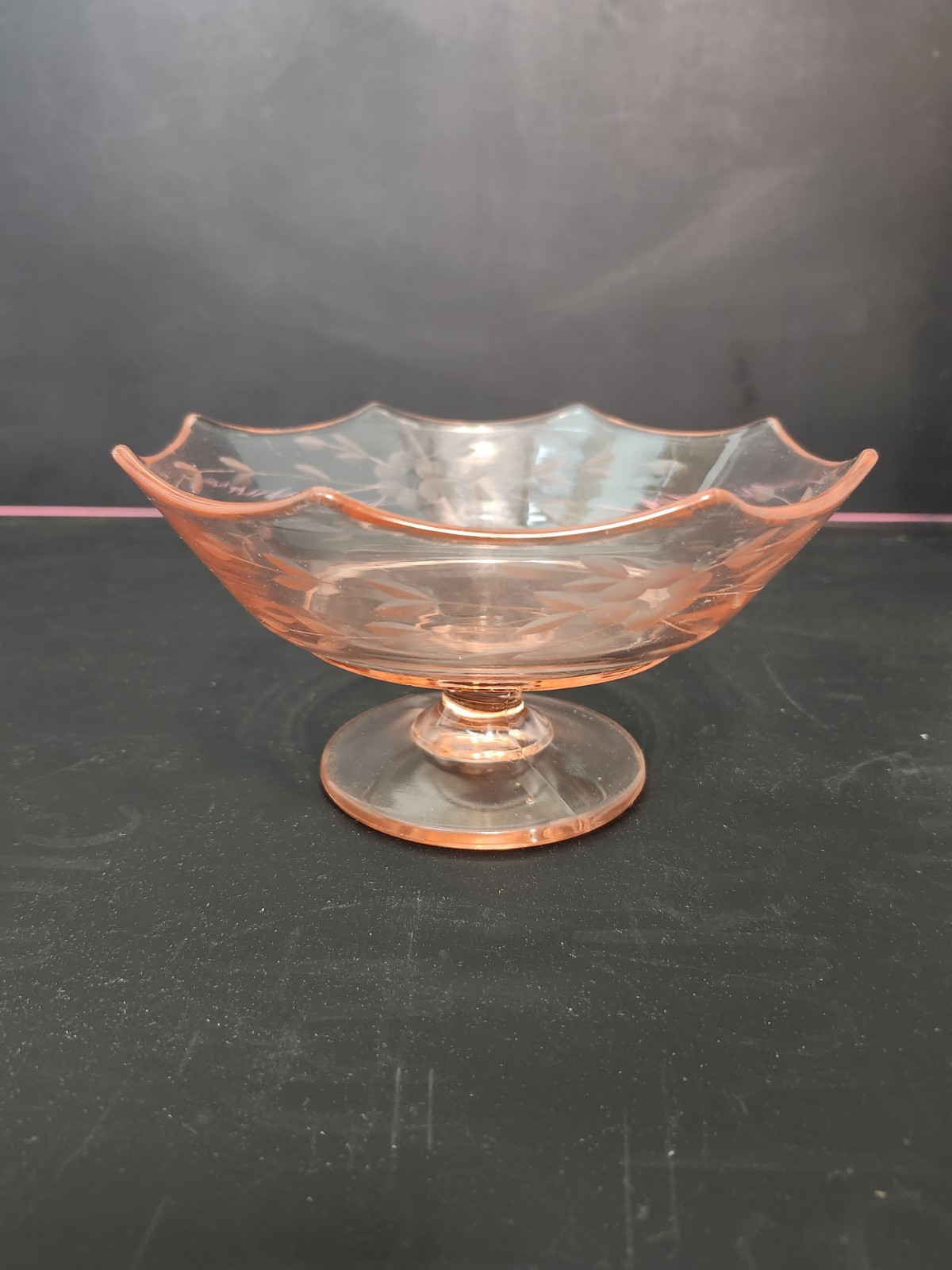 Imperial Glass Pink Etched Footed Compote Bowl 6¾” Leaf & Berry Pattern
