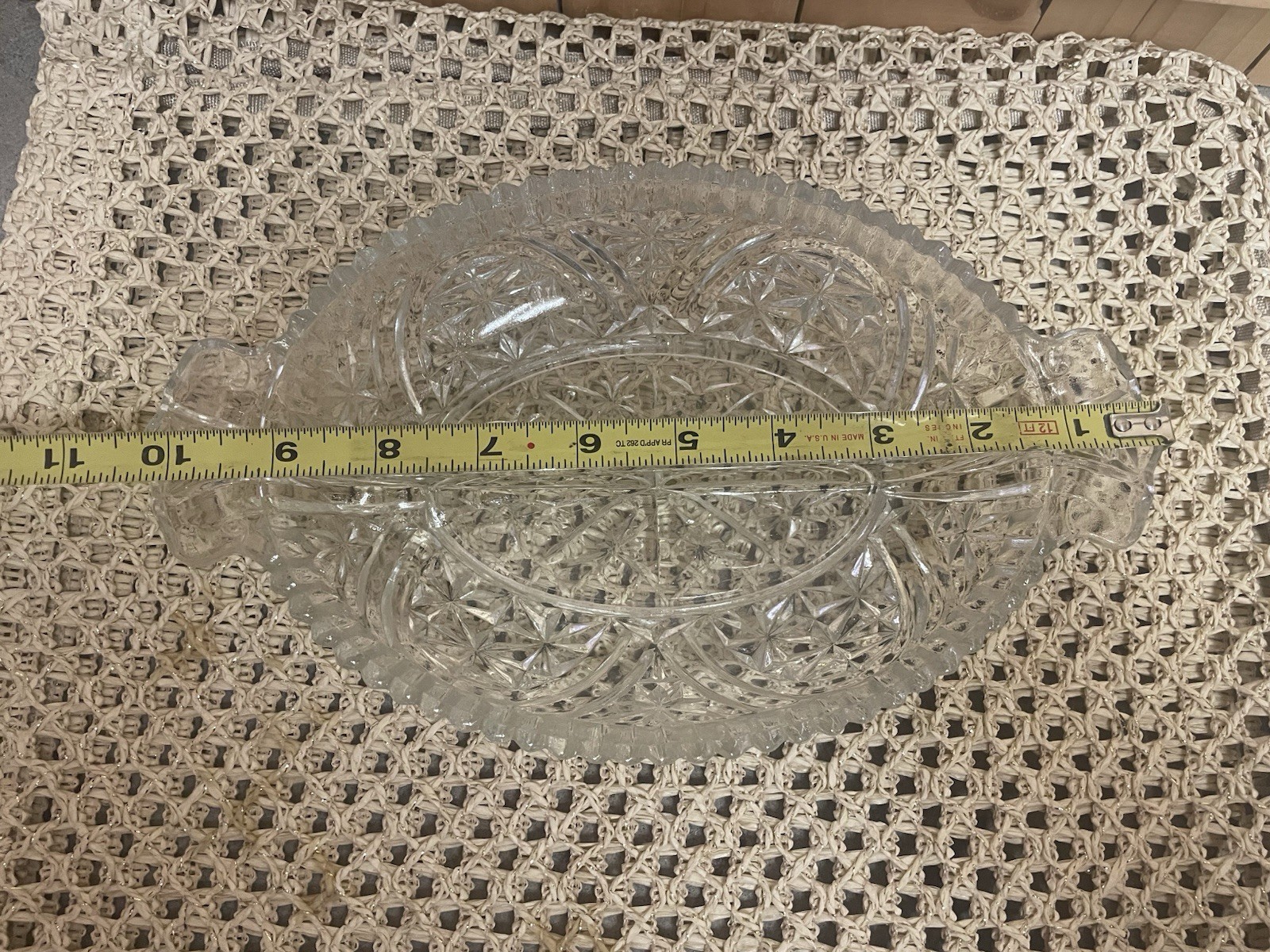Oval Divided Clear Pressed Cut Glass Relish Candy Dish with Handles 10” Vintage