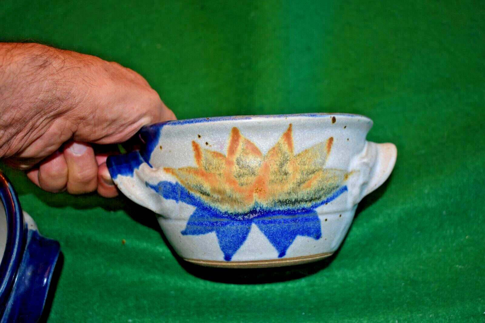 Hand Made Studio Art Pottery Earthenware ~ Bowls ~ Blue Tan Gray