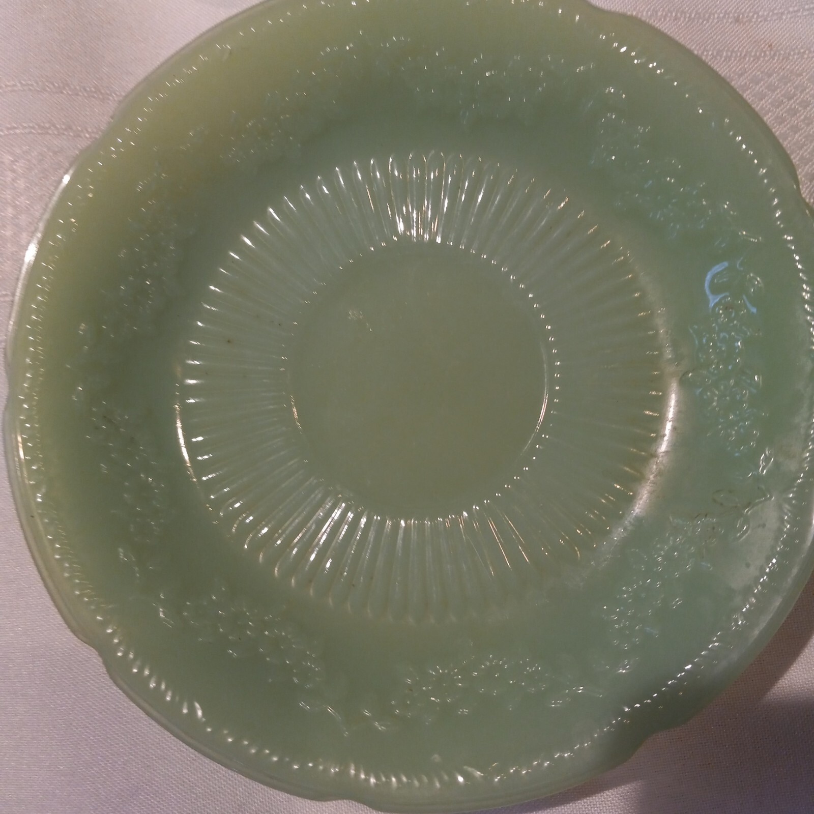 Four ALICE pattern Jadeite Anchor Hocking Saucers Nice Condition Replacecments