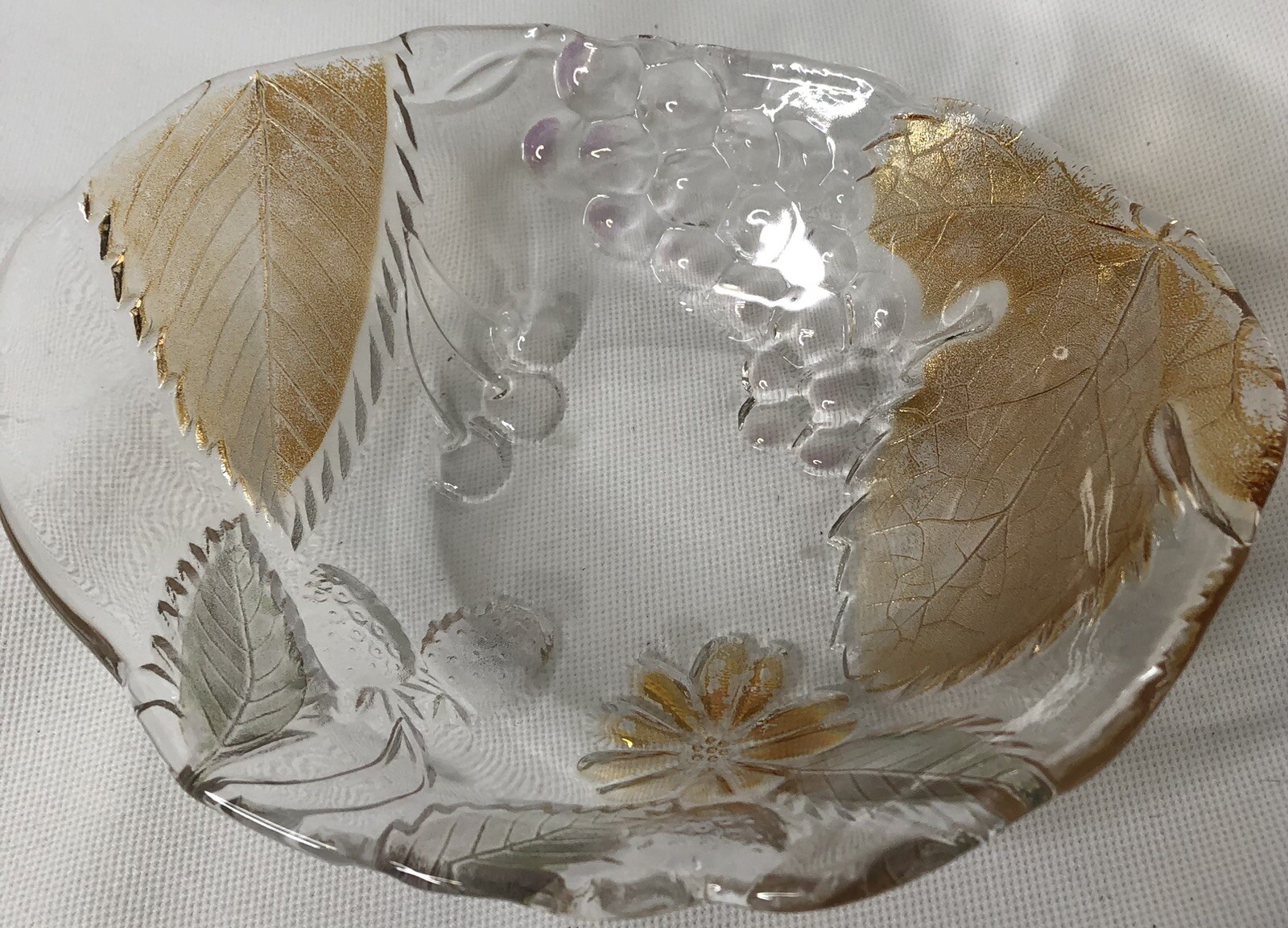 Beautiful Small Glass Candy Trinket Dish with Fruit and Leaves