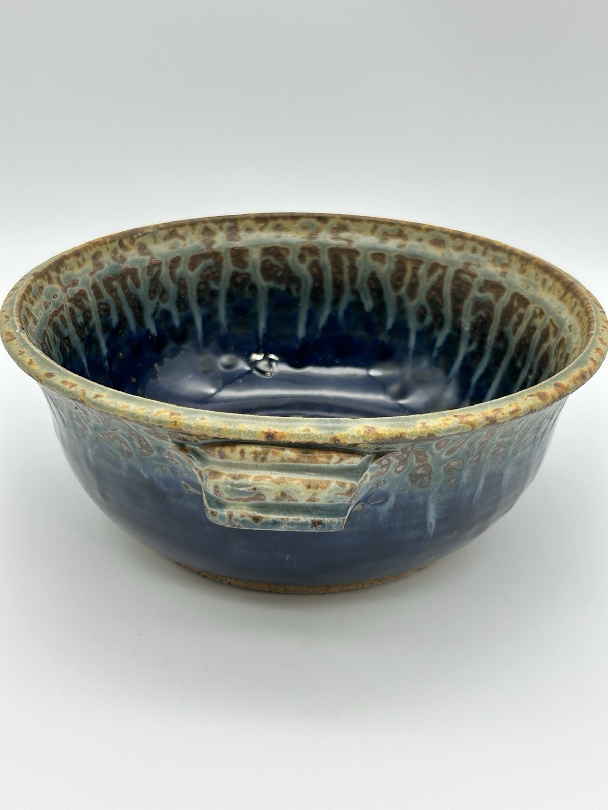 Art Pottery Stoneware Bowl Drip Glaze Blue Grey Tan, Vintage, 8.25” x 2.5”