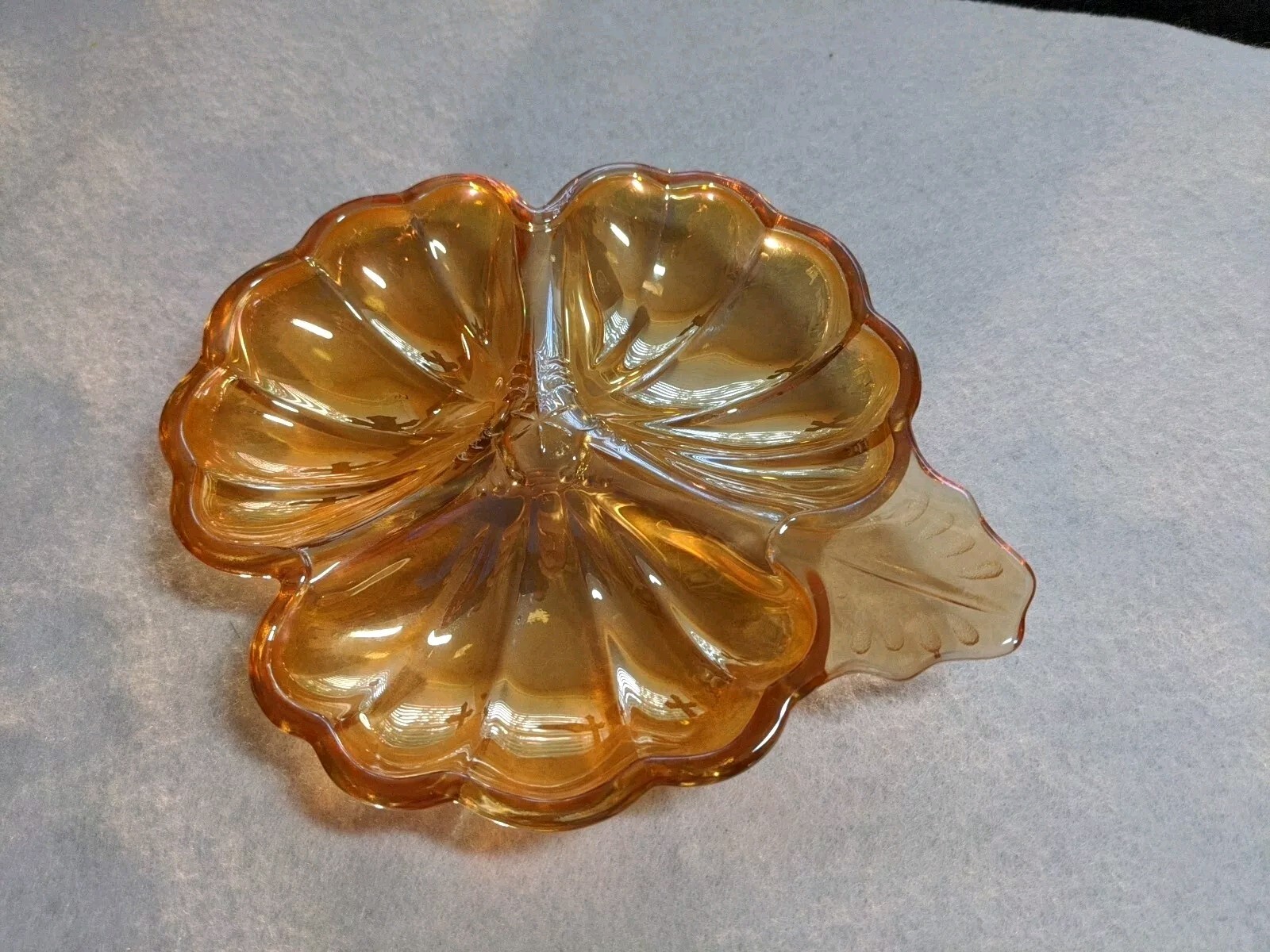 Vintage Amber Marigold Carnival Glass 3 Section Flower Leaf Candy Nut Dish