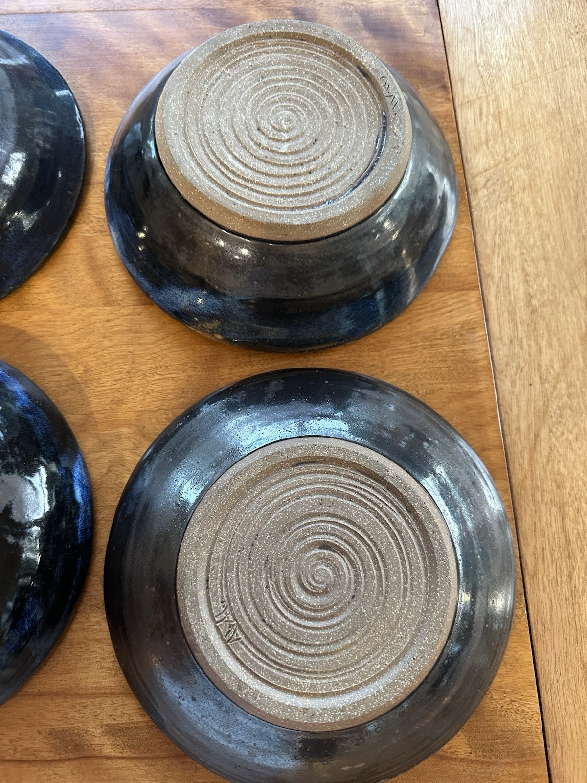 Set 6 Signed Hand Thrown Stoneware Blue Glaze Pottery Bowls 8” Approximately