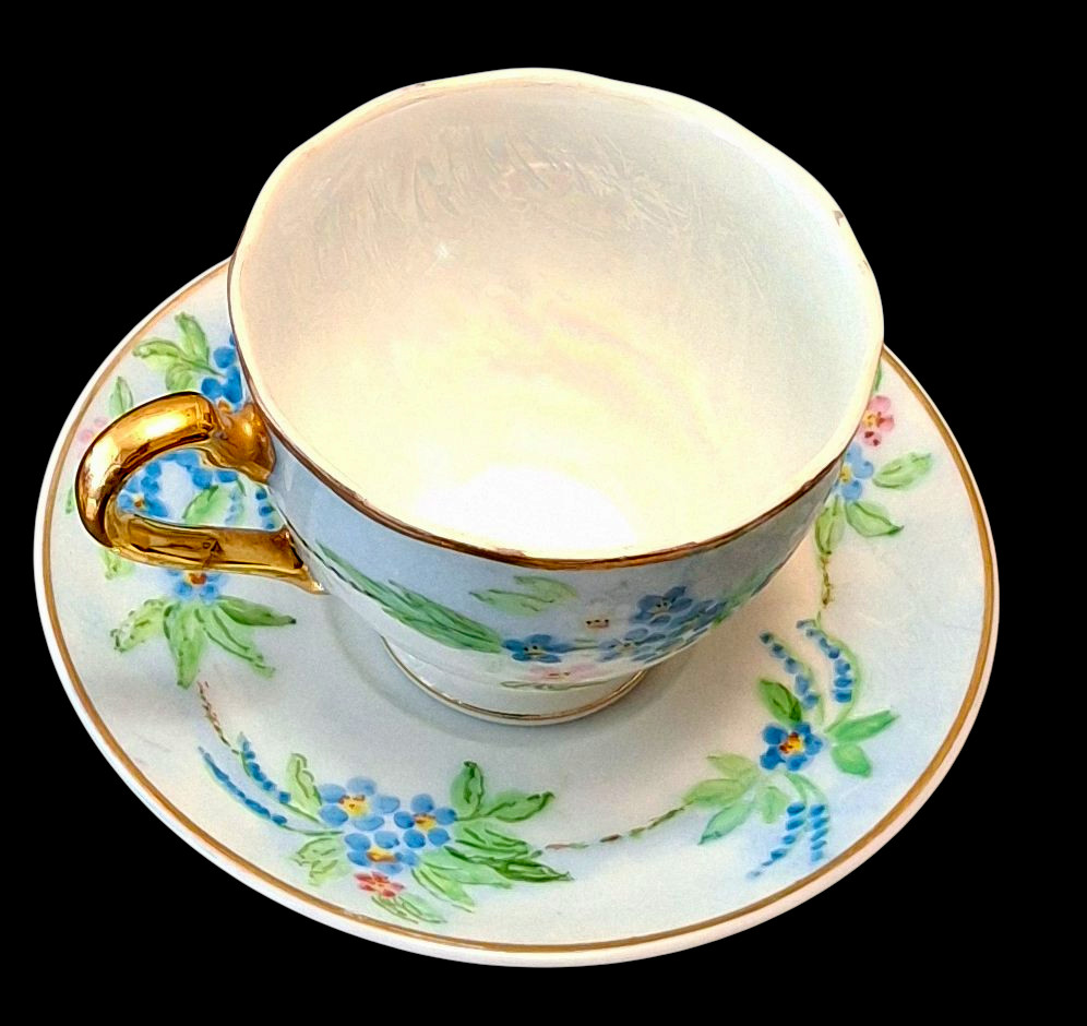 Vintage White Coffee Tea Cup & Saucer Blue Floral Hand-Painted by Ruth of Tucson
