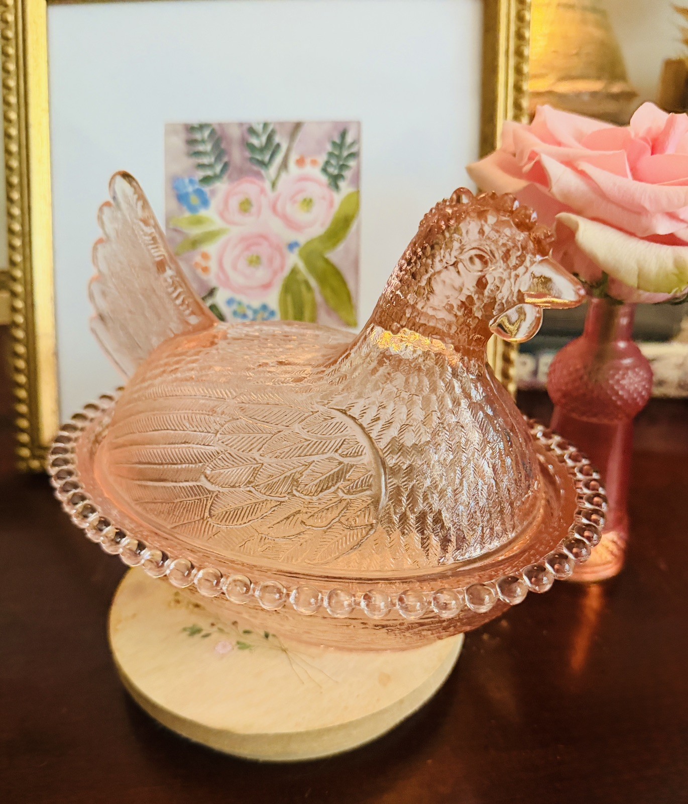 Vintage Indiana Glass Pink Hen On Nest Covered Dish 7” Dusty Rose Candy Dish