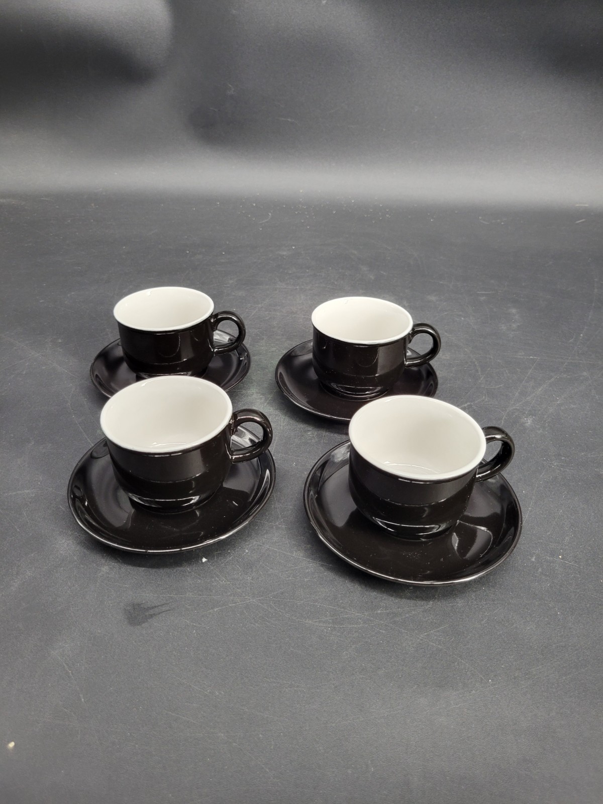 4 Black Glazed 2 1/8″ Teacup/Coffee Cup w/ Four 5″ Saucer Sets 8-Pieces Total
