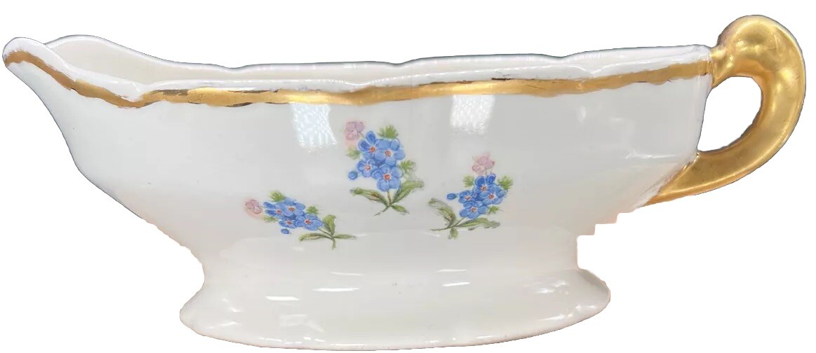 Gravy Boat Gold Trim & Handle Forget Me Nots Floral Vtg Gold Trim Signed F.W.