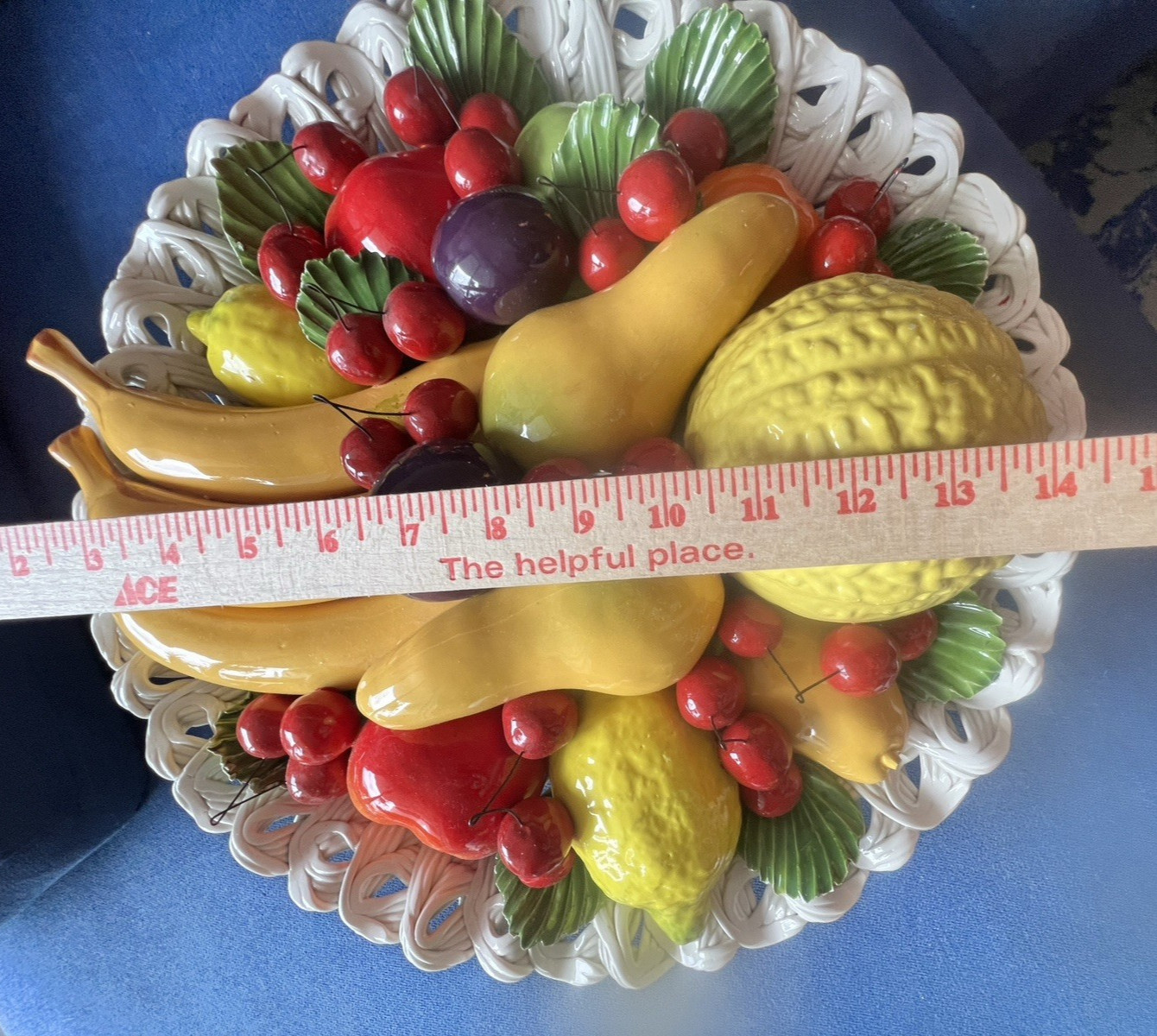 1960s Italian Capodimonte Ceramic Fruit Centerpiece 17”D ITALY MCM Colorful