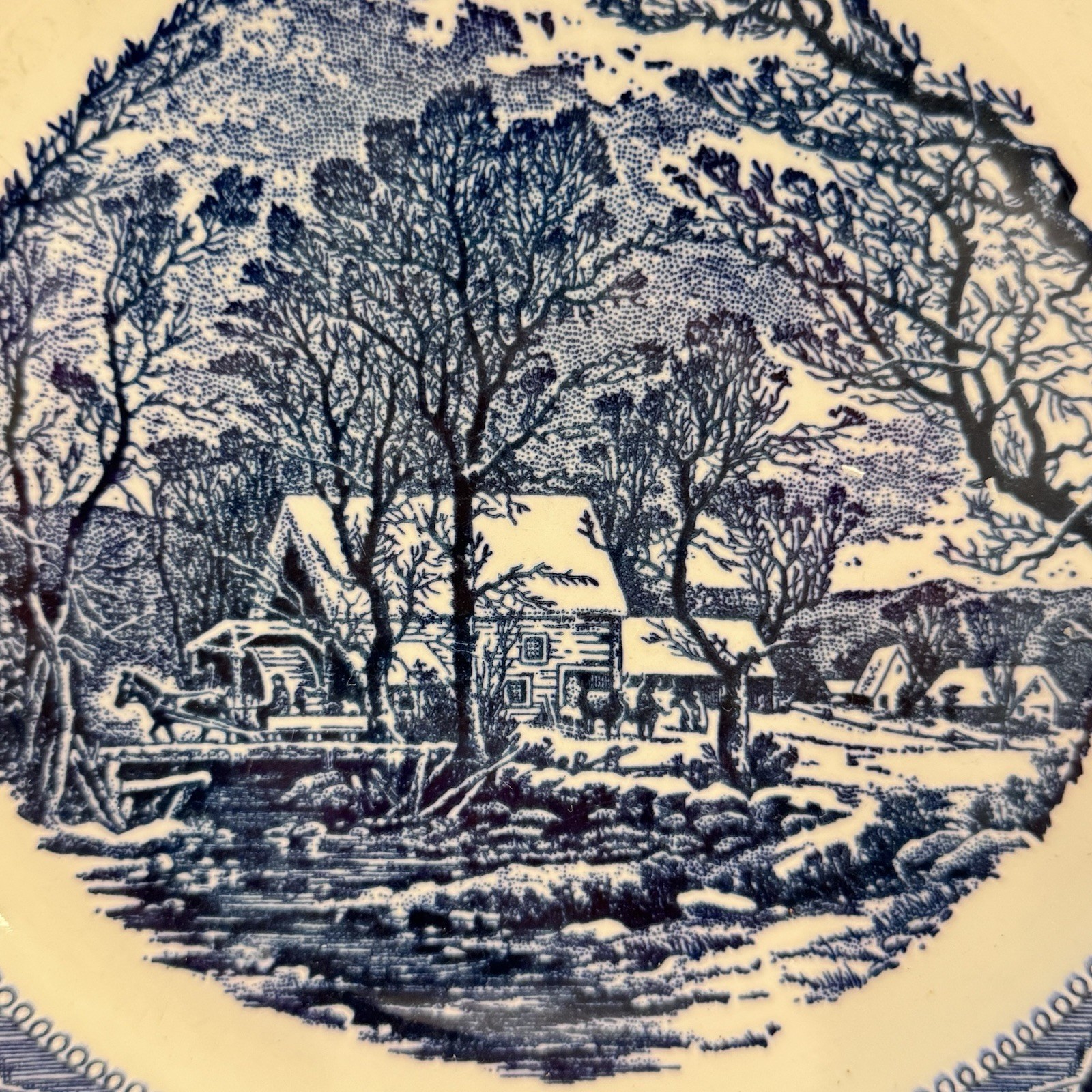 Royal China Currier & Ives Blue & White 10in Dinner Plate “The Old Grist Mill”