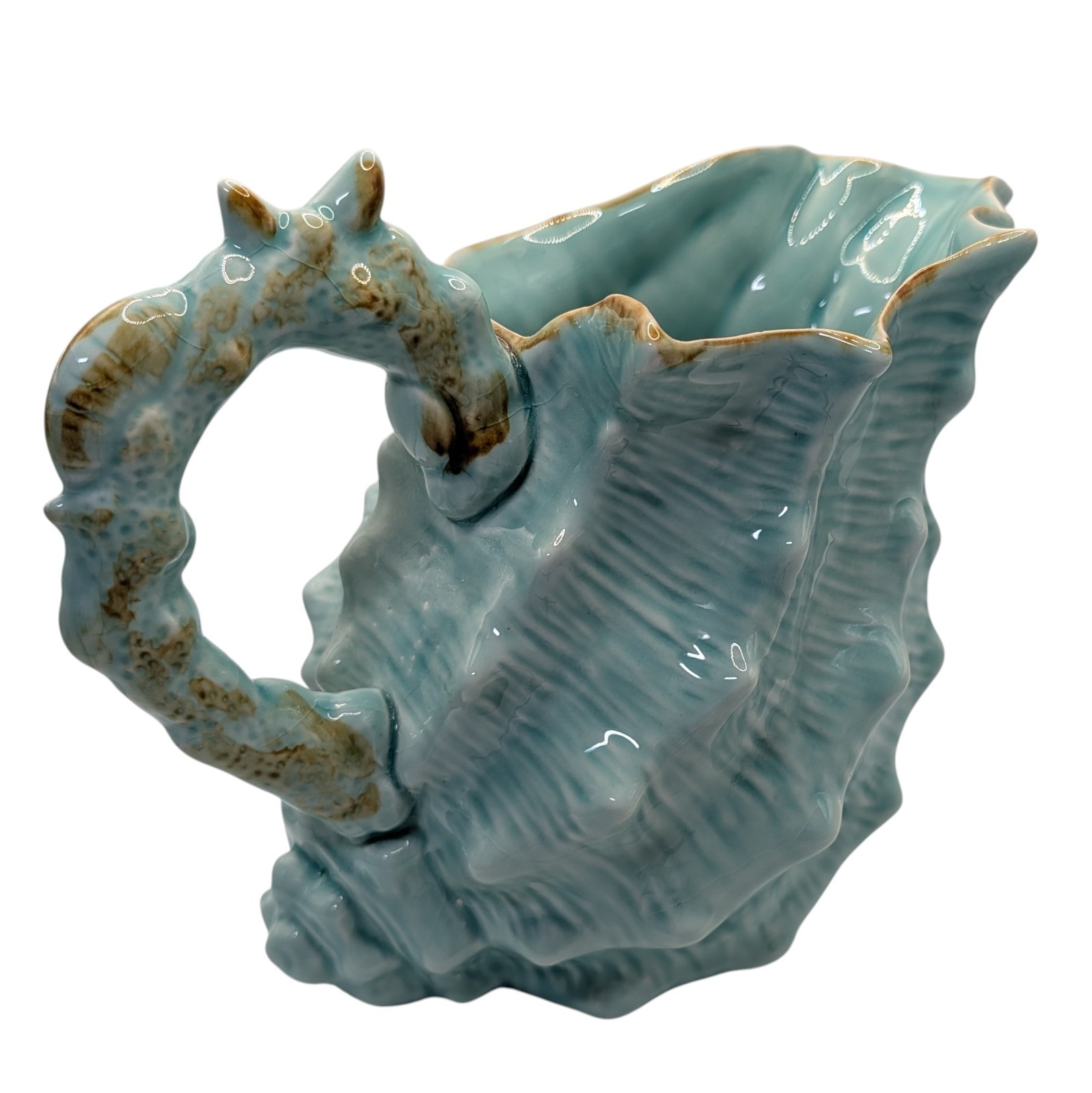 Blue Sky Conch Shell Pitcher Seawave Turquoise Blue Nautical Seven Inches Retro