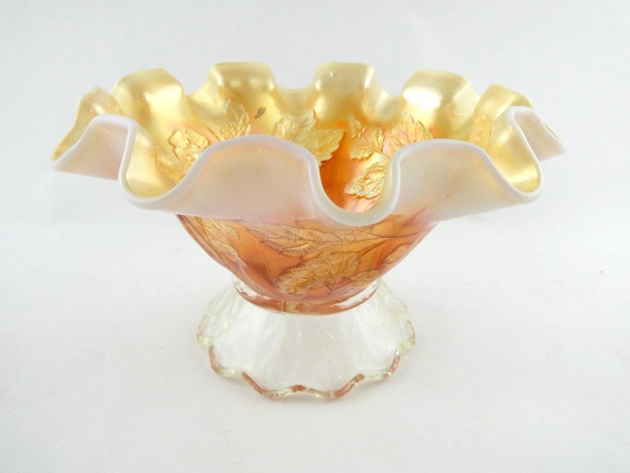 Vintage Dugan Dogwood Sprays Marigold Opalescent Carnival Glass Footed Bowl