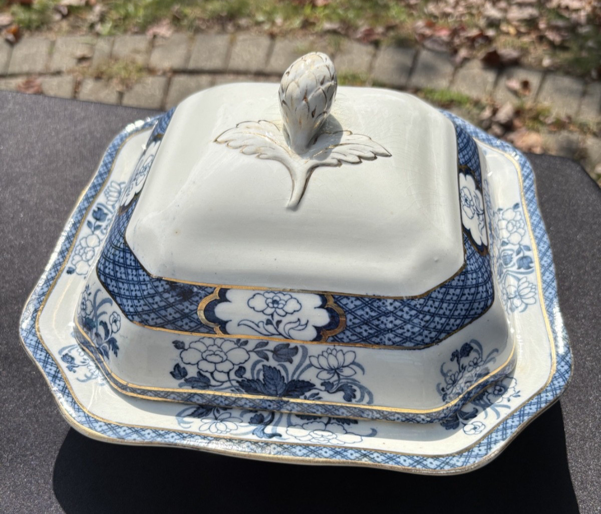 Rare F. Winkle & Co. Ltd England Blue Old Nankin 9 5/8″ Covered Dish Gold Trim